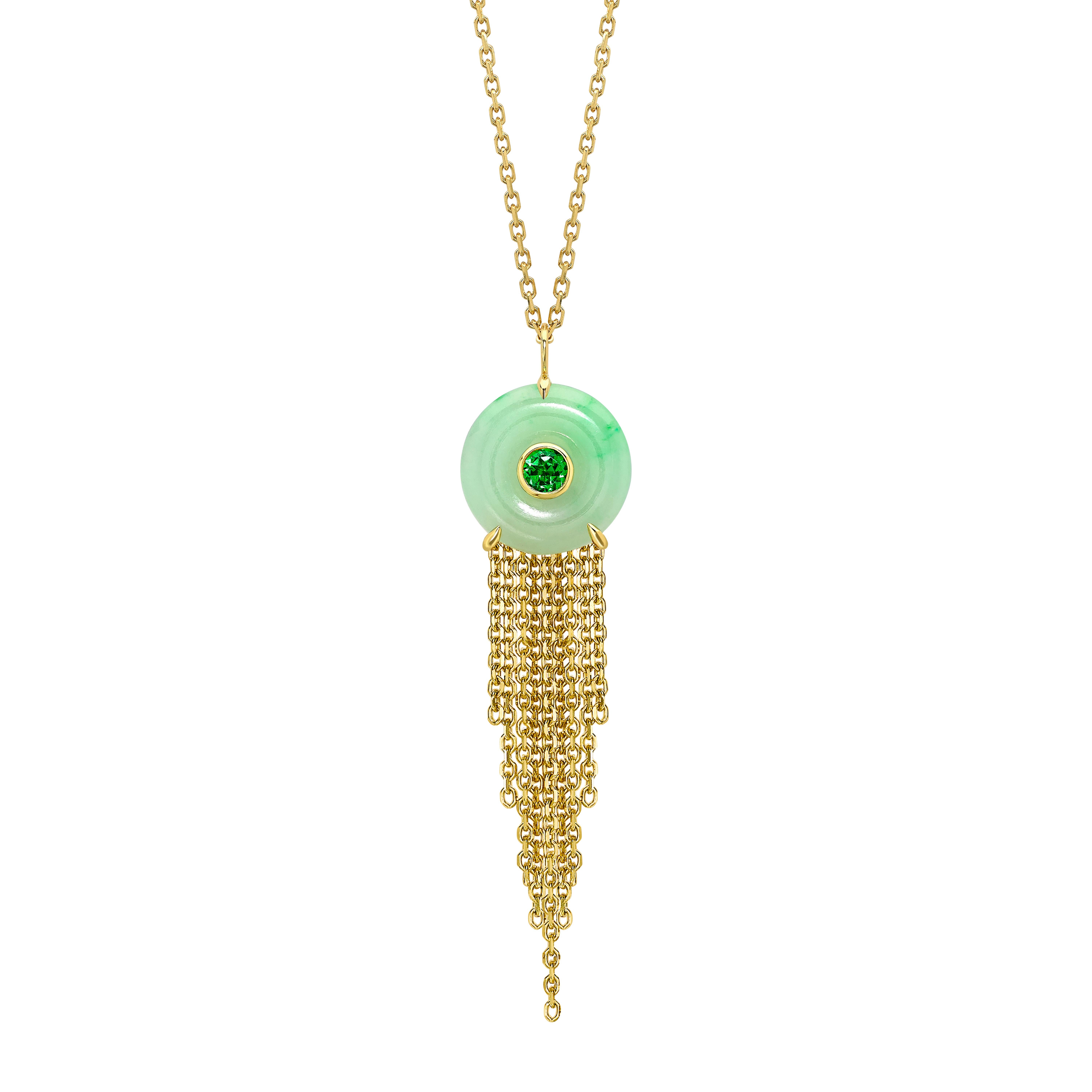 Contemporary Ana de Costa Yellow Gold Circular jade Tsavorite Chain Drop Earring Pendant Set For Sale