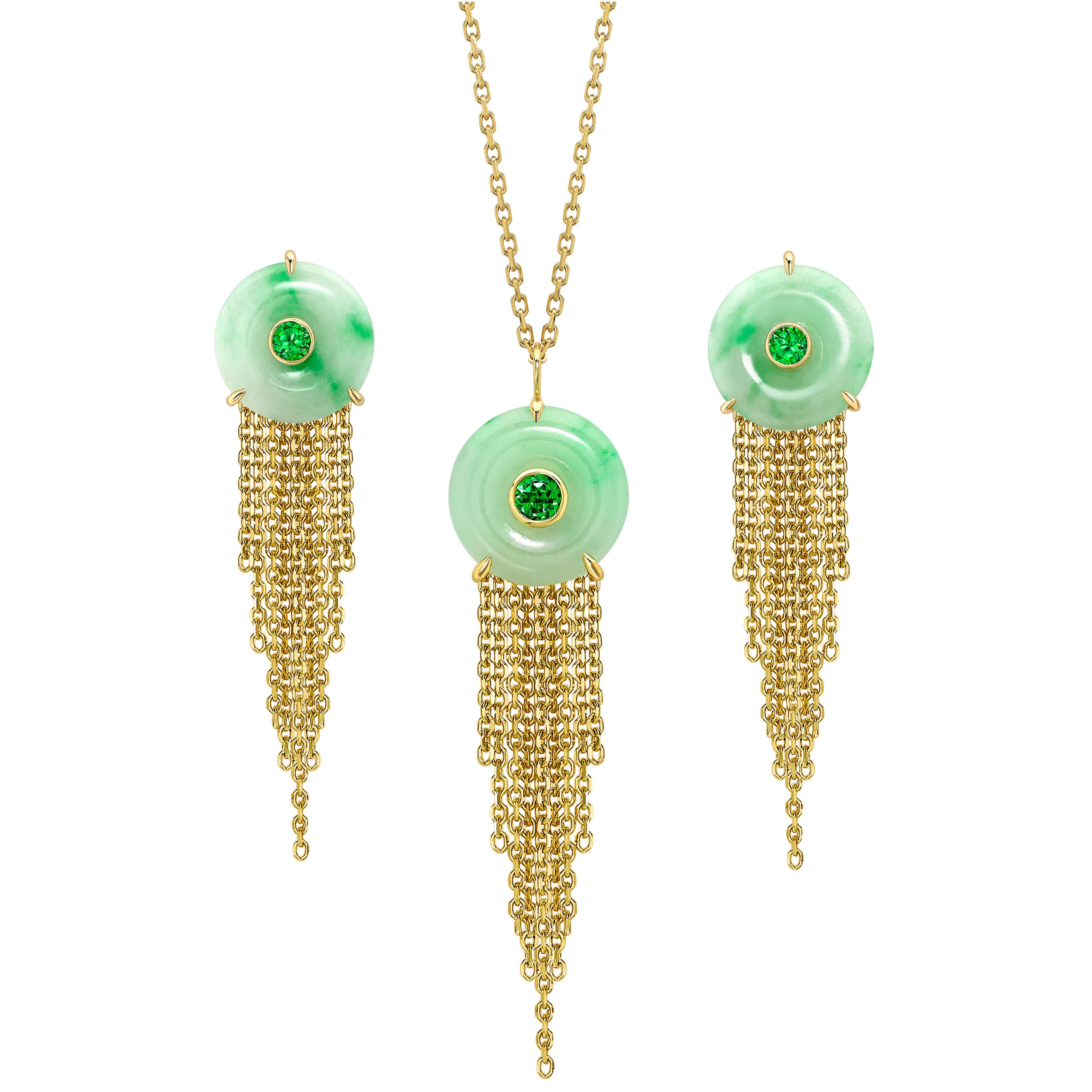 Ana de Costa Yellow Gold Circular jade Tsavorite Chain Drop Earring Pendant Set For Sale