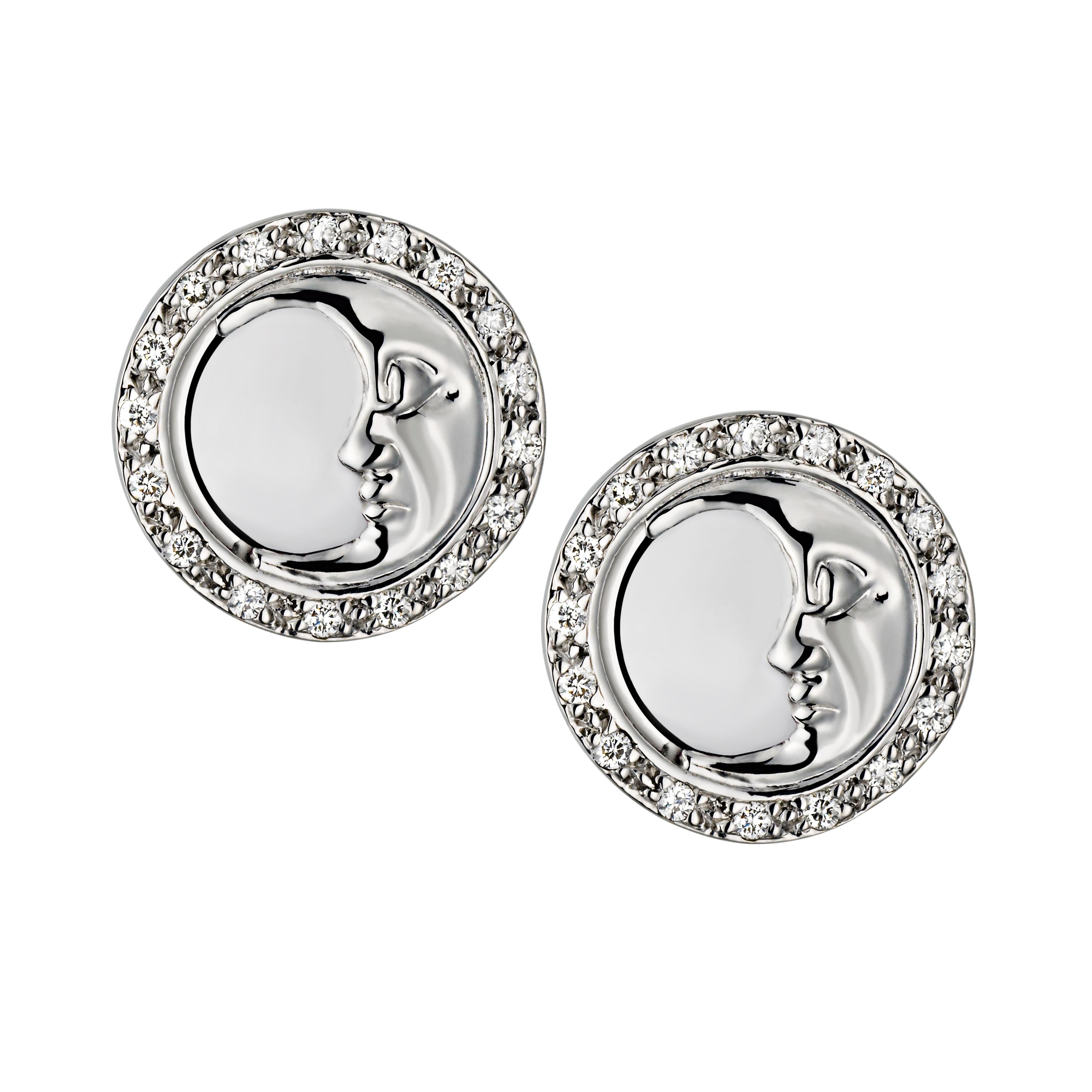 The sun and moon studs sits on the ear and are each pave set with 0.15ct of diamonds,weighing 0.30ct in total. The moon stud is pave set with white diamonds to represent the night sky and the sun stud is pave set with natural canary yellow diamonds