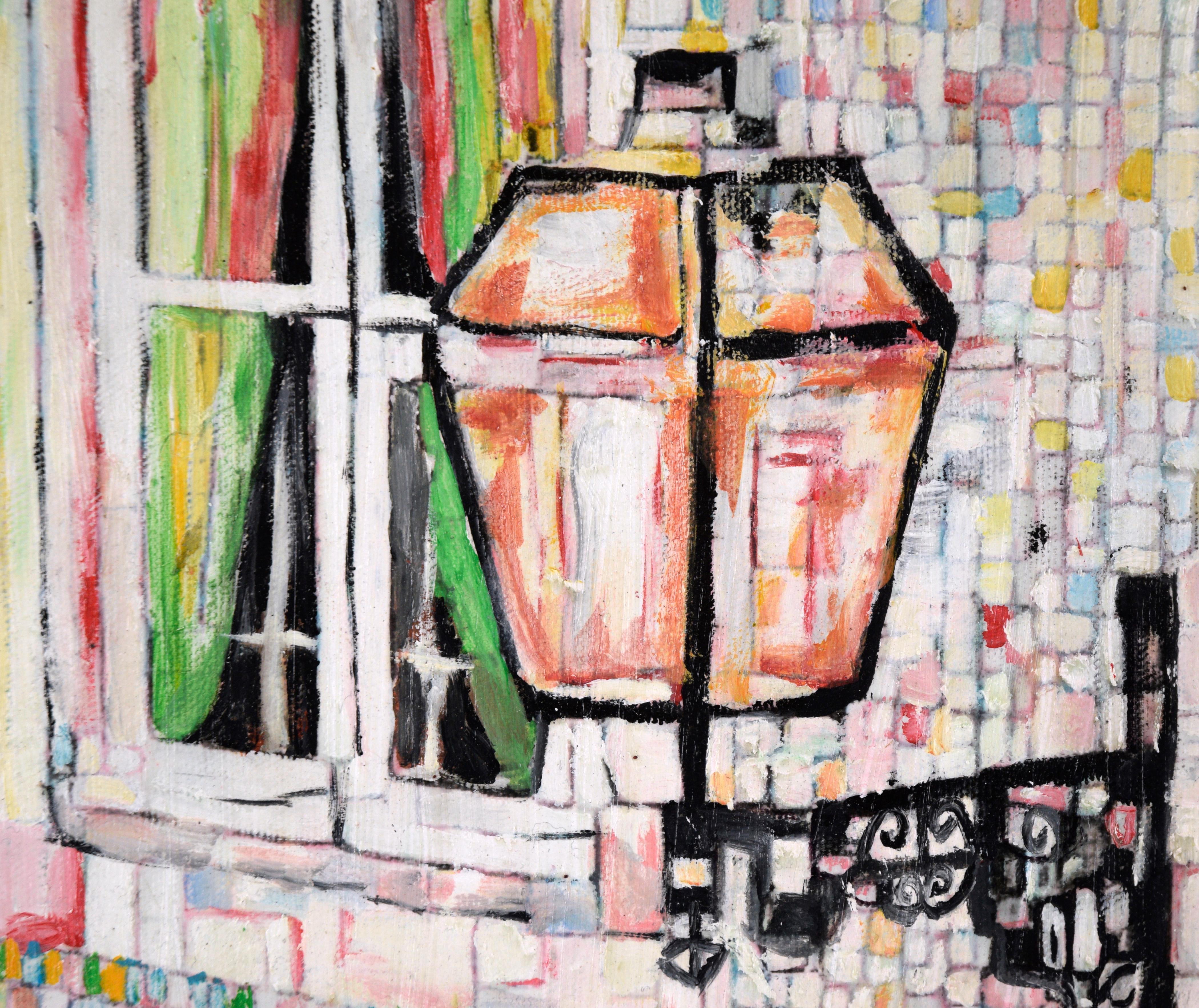 Portuguese Lamp and Window - Beige Abstract Painting by Ana Doolin