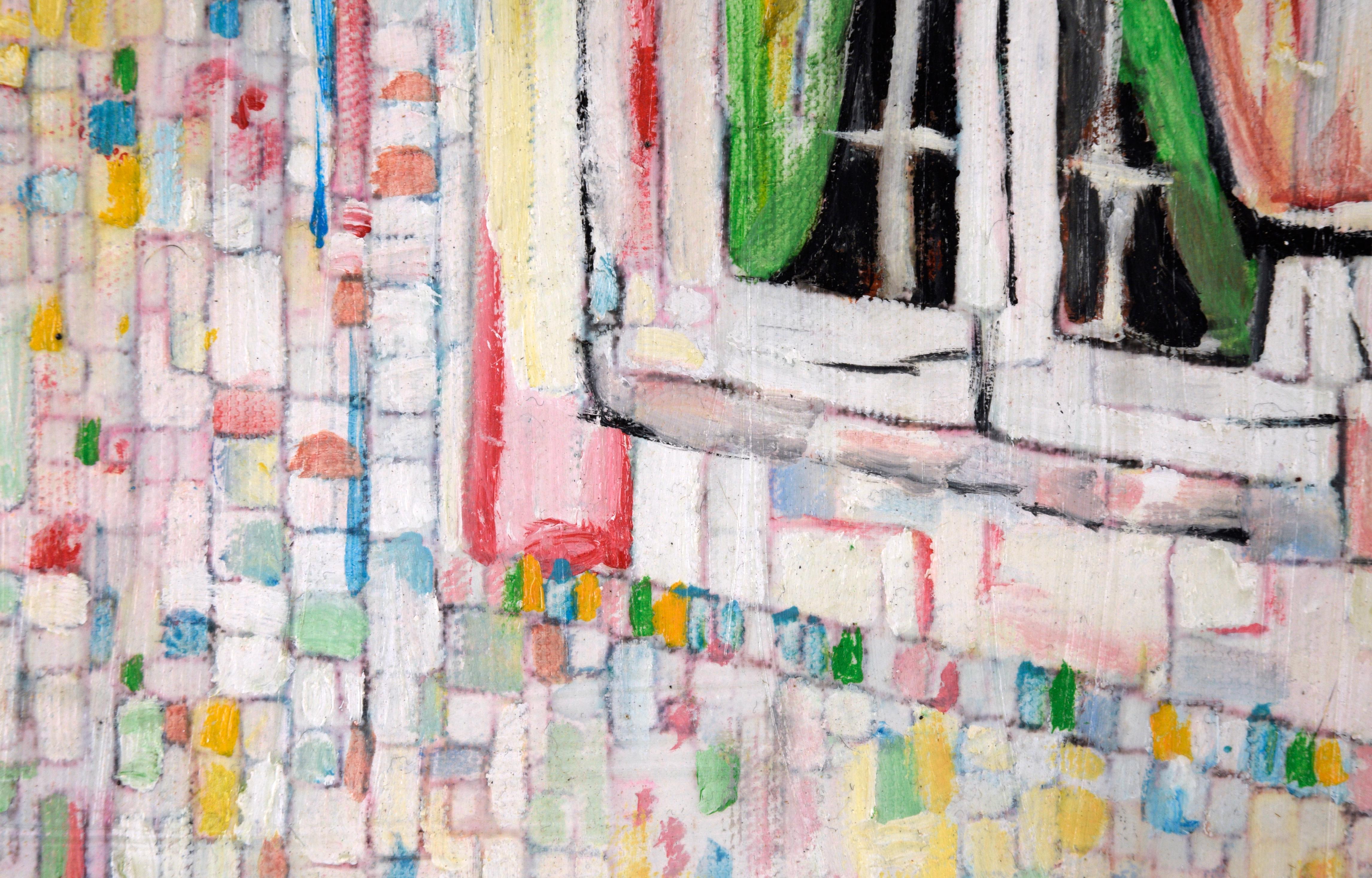 Vibrant depiction of a streetlamp and window by Ana Doolin (Portuguese, b. 1961). Signed 