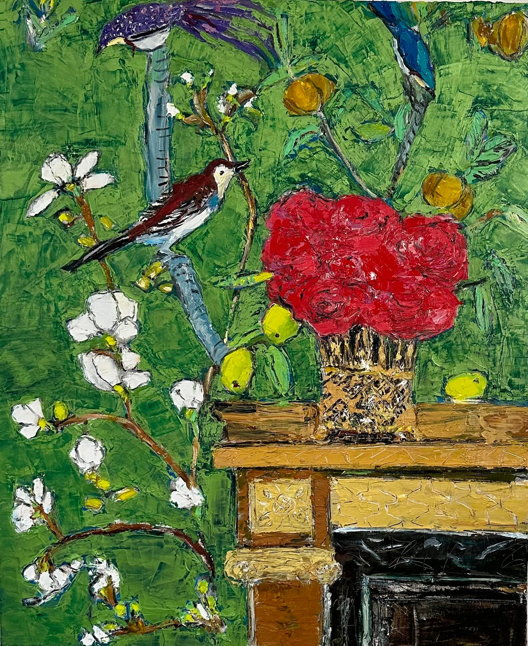 Ana Guzman Landscape Painting - Interior-Red Roses and Birds