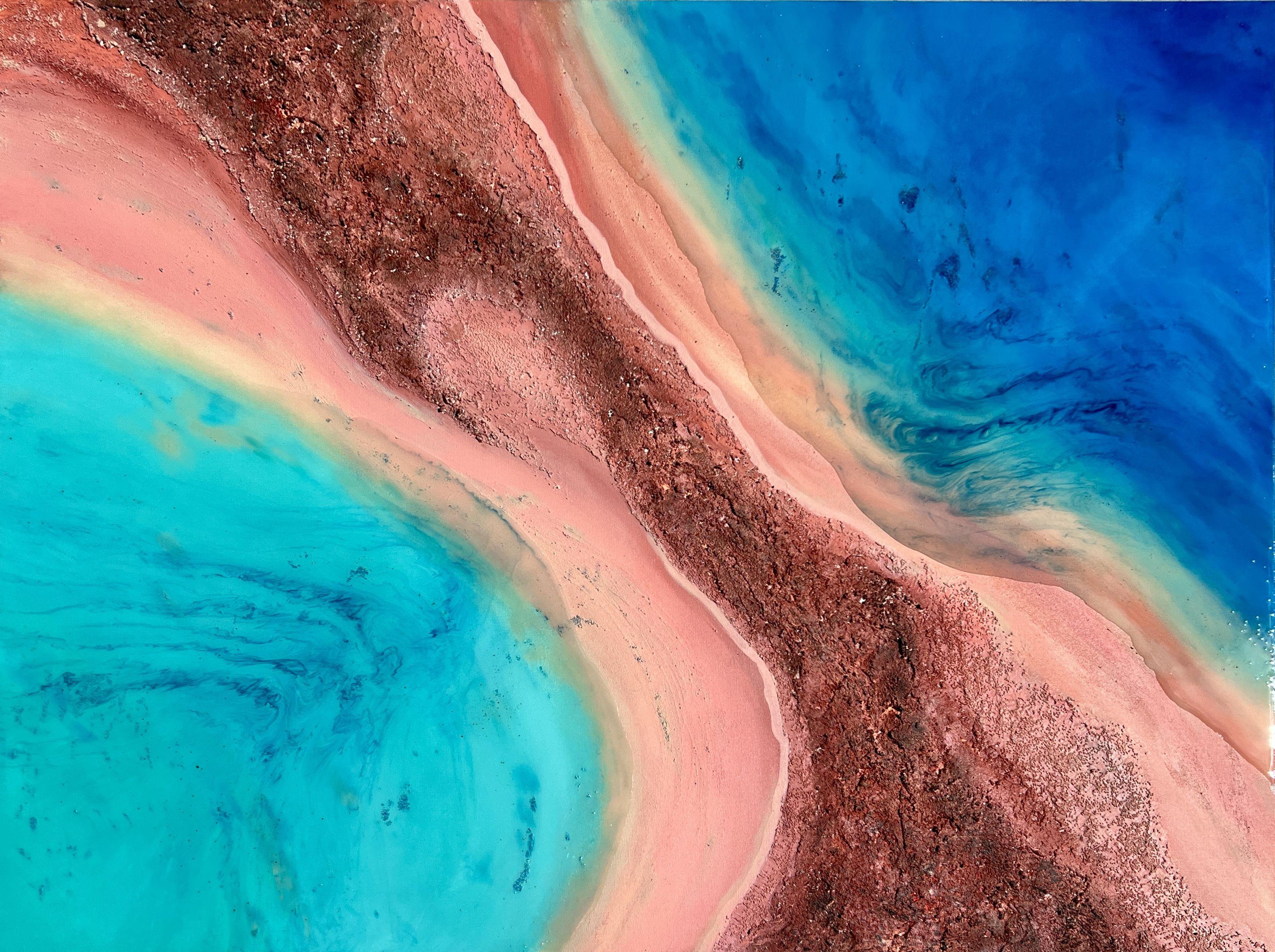 In creating this piece, I channeled the serenity and vastness of nature, blending vibrant hues with the tactile richness of sand, cement, and plaster. The fluid blues and earthy tones dance together in a celebration of the earth's beauty, while the