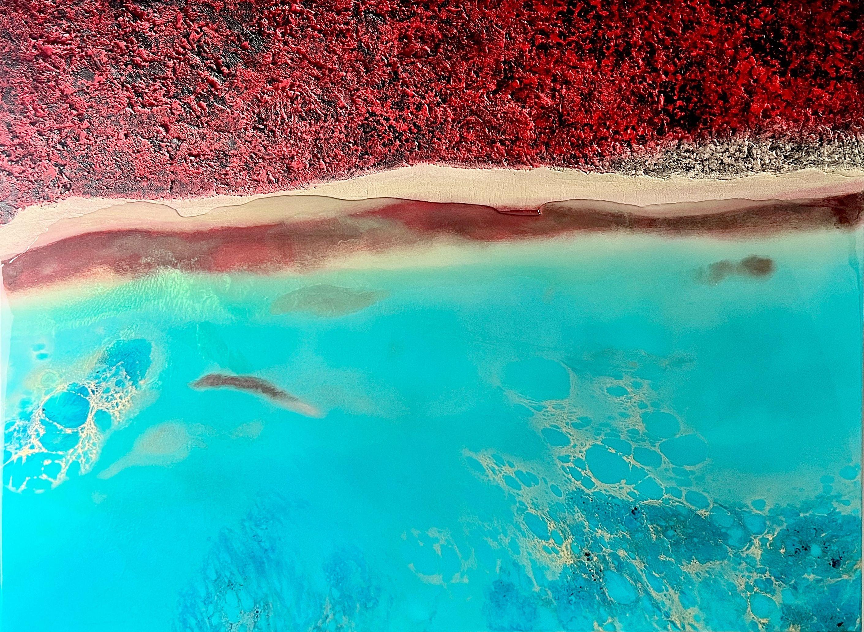 Unique original aerial ocean painting inspired by aerial view of the spectacular Shark Bay, Australia Different shades of blue, turquoise, teal, aqua, beige, black and gold This painting does not need to be framed, the painted image is extended