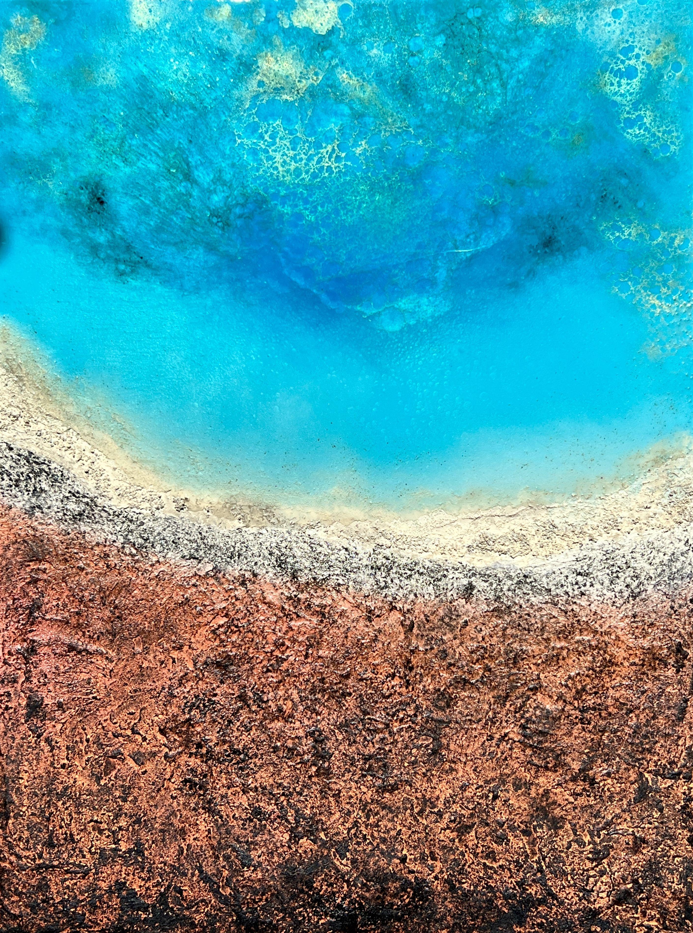 Unique original aerial ocean painting inspired by aerial view of the spectacular Shark Bay, Australia  Different shades of blue, turquoise, teal, aqua, beige, black and gold  This painting does not need to be framed, the painted image is extended