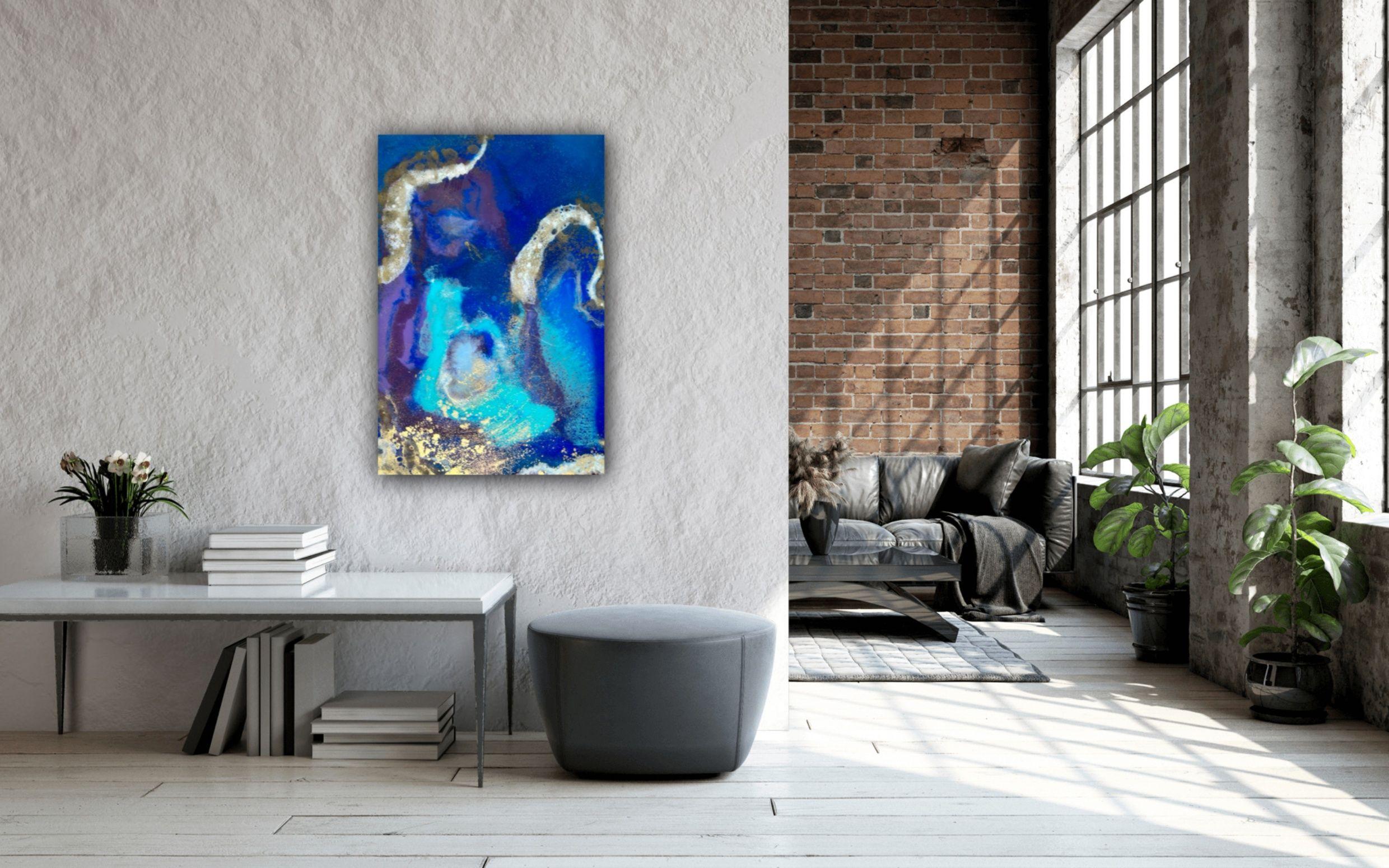 Abstract blue, copper, navy, turquoise and white large painting :: Painting :: Abstract :: This piece comes with an official certificate of authenticity signed by the artist :: Ready to Hang: Yes :: Signed: Yes :: Signature Location: lower right