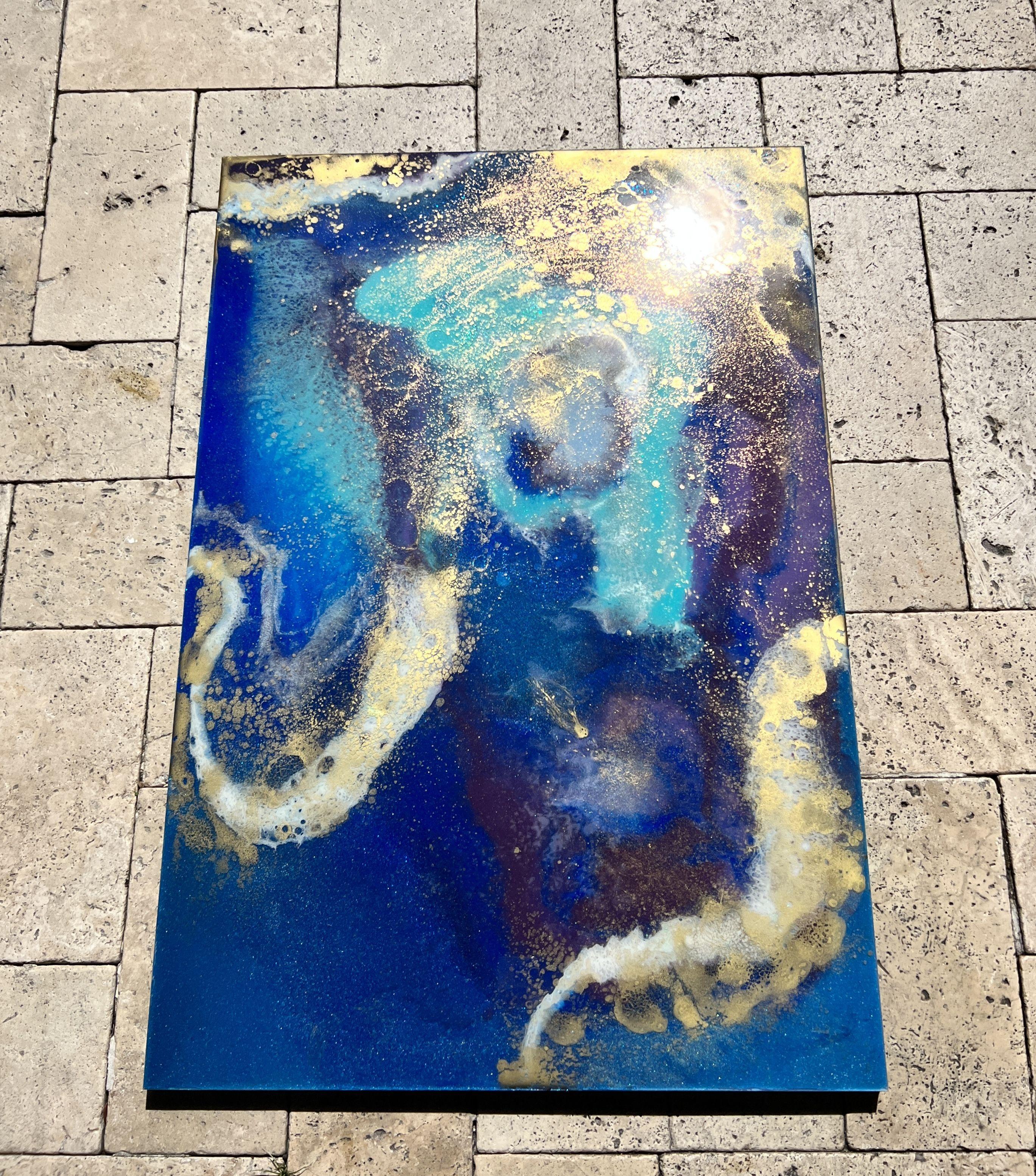 Quadro astratto blu, rame, marina, turchese e bianco di grandi dimensioni :: Quadro :: Astratto :: Questo pezzo viene fornito con un certificato ufficiale di autenticità firmato dall'artista :: Pronto da appendere: Yes :: Firmato: Yes :: Posizione