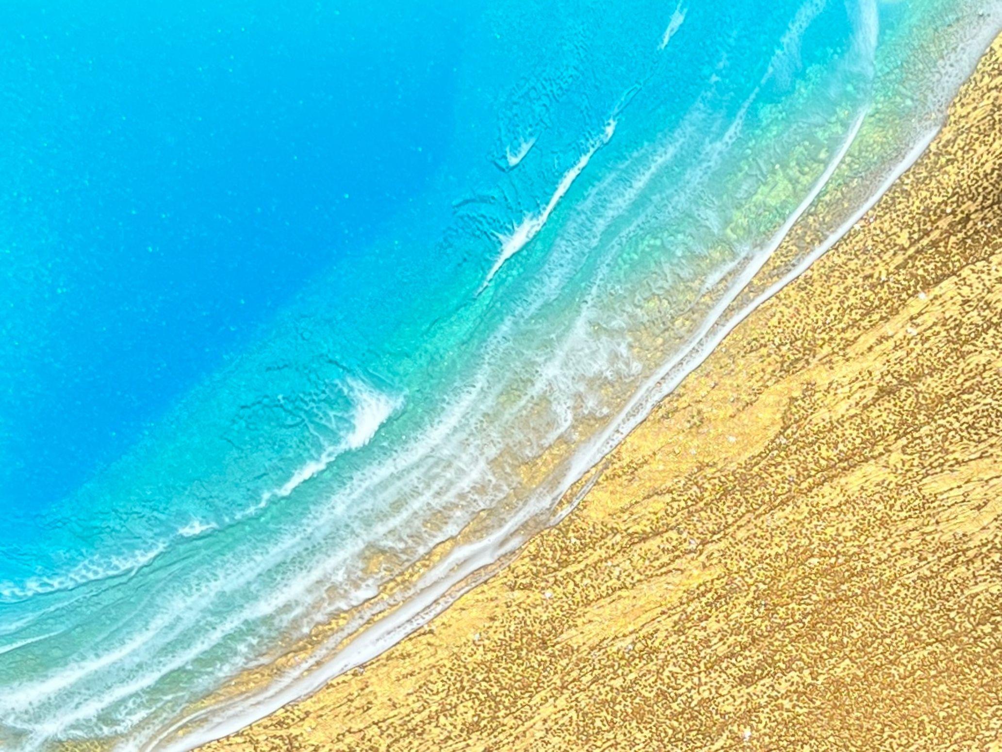 Gold sand aerial ocean painting   Original, one-of-a-kind, hand painted, inspired by the view of The Bahamas and Turks And Caicos Islands seen from the airplane in my last vacation there  Different shades of blue, turquoise, teal, aqua, gold and