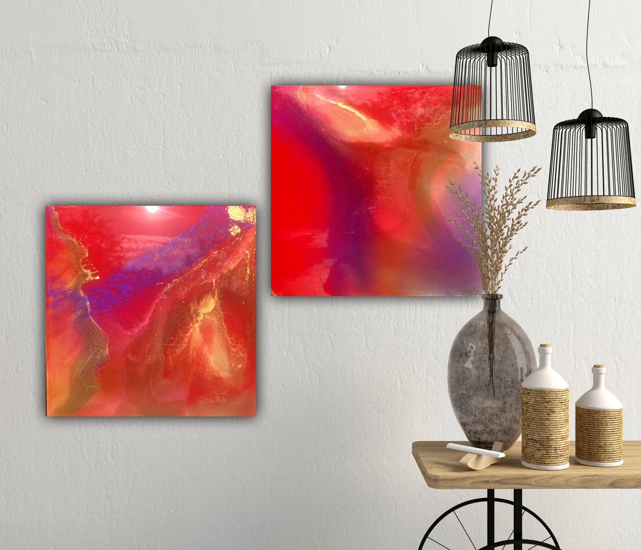 Original red and gold unique abstract diptych painting :: Painting :: Abstract :: This piece comes with an official certificate of authenticity signed by the artist :: Ready to Hang: Yes :: Signed: Yes :: Signature Location: lower right lateral side