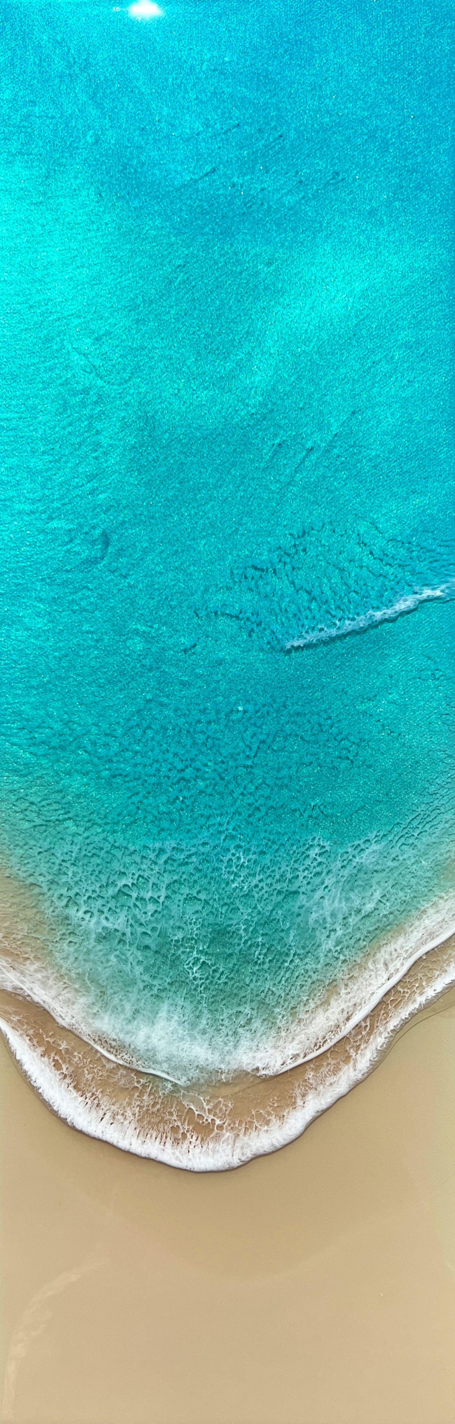 Original Mixed Media ocean painting     Unique ocean painting with white sand beach and frothy splashing waves, inspired by The Turks And Caicos Islands    Different shades of blue, green, turquoise, teal, aqua, copper and gold  This painting does