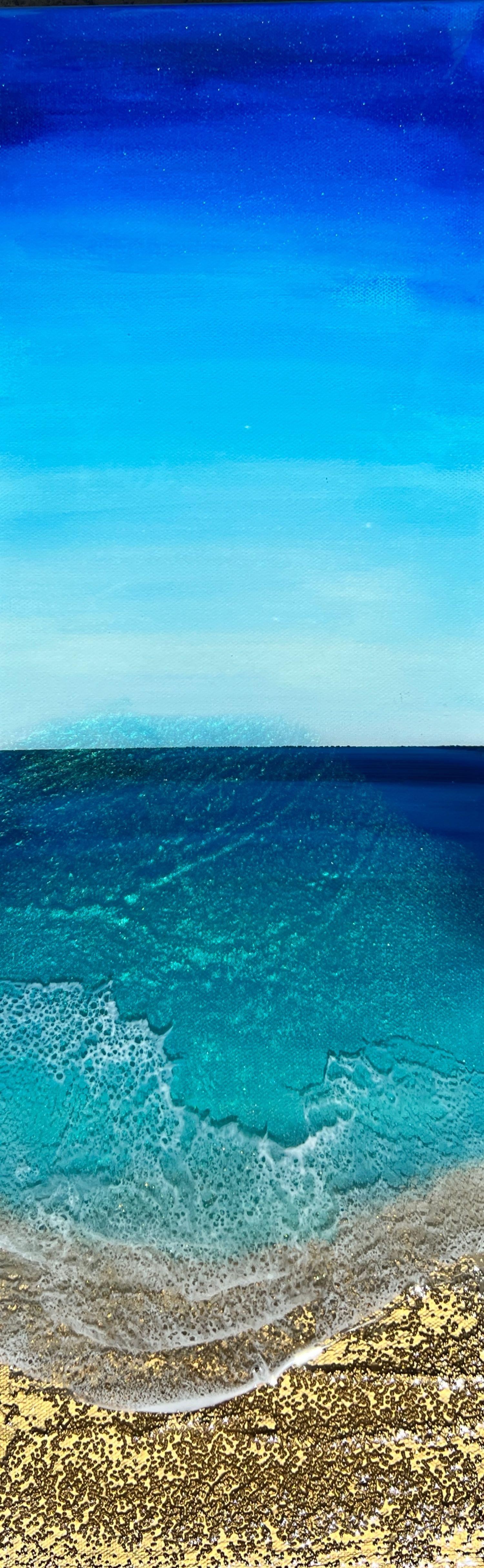 Inspired by The Turks And Caicos ocean colors  Different shades of blue tones, turquoise, teal, aqua, gold and white  This painting does not need to be framed, the painted image extends over the sides, it is wired, signed, ready to hang and comes