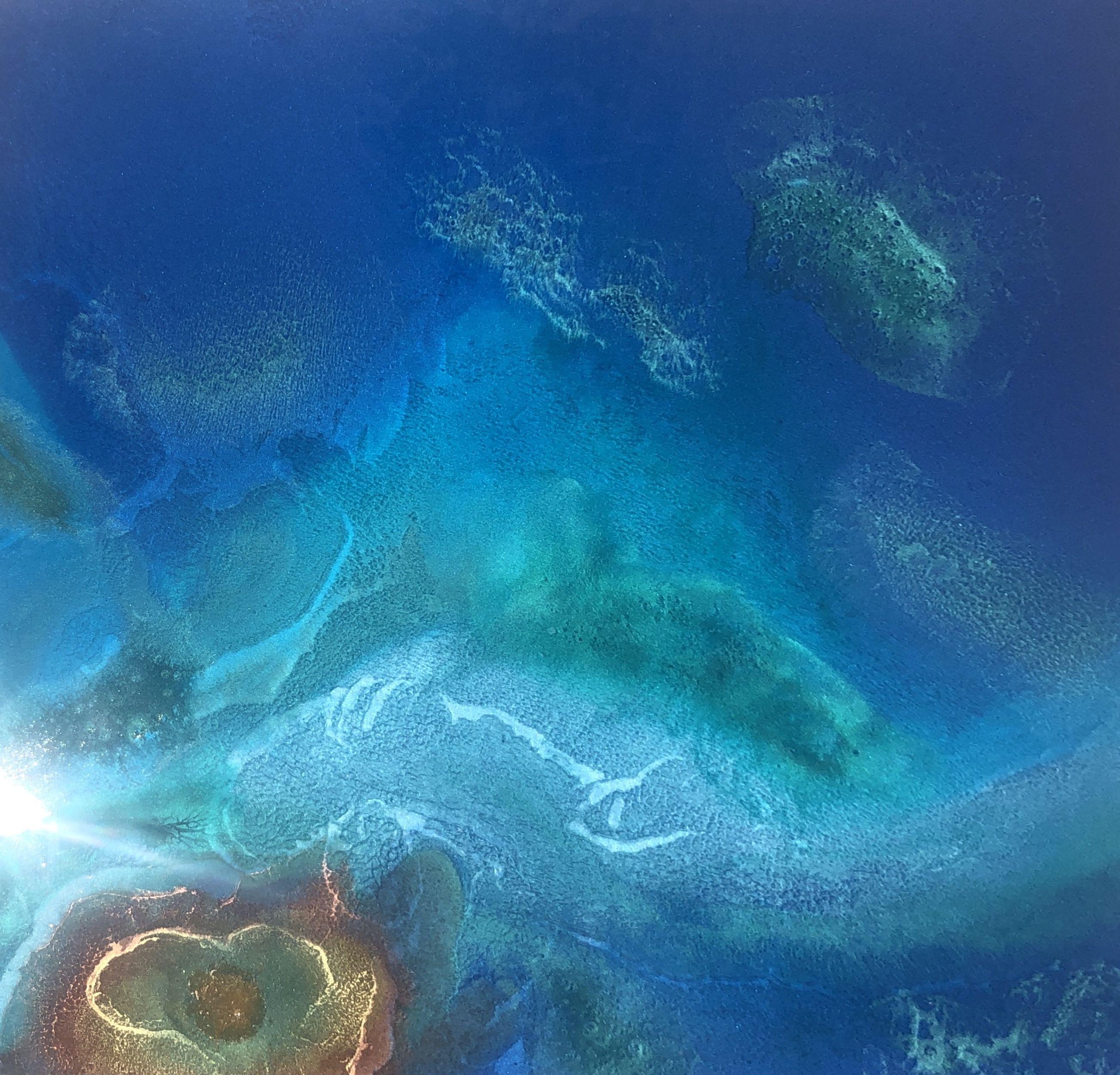 Ocean inspired painting, painted in several layers with tinted resin, tridimensional effects, absolutely unique and impossible to recreate. Painting Details Mixed Media on wood panel 30" x 30" x 1.5" Different shades of blue, green, turquoise, teal,