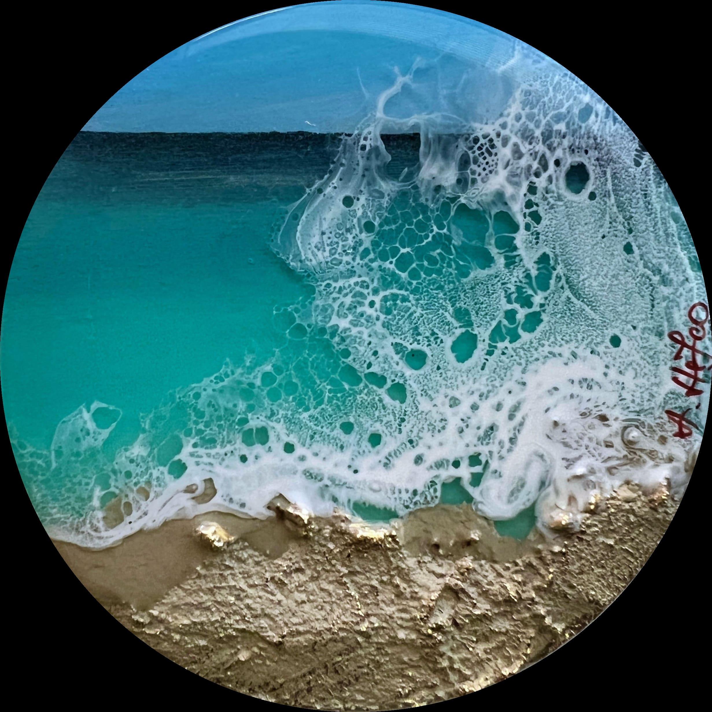 Miniature round ocean painting     Inspired by The Turks And Caicos ocean colors  Different shades of blue tones, turquoise, teal, aqua, beige and white  This painting does not need to be framed, the painted image extends over the sides, it is
