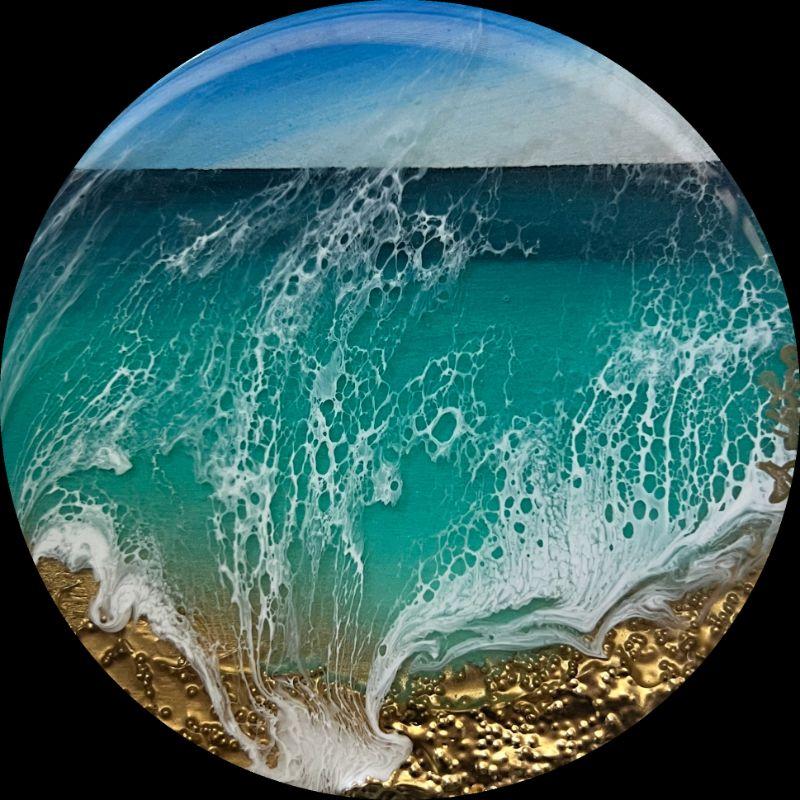 Miniature round ocean painting     Inspired by The Turks And Caicos ocean colors  Different shades of blue tones, turquoise, teal, aqua, gold and white  This painting does not need to be framed, the painted image extends over the sides, it is wired,