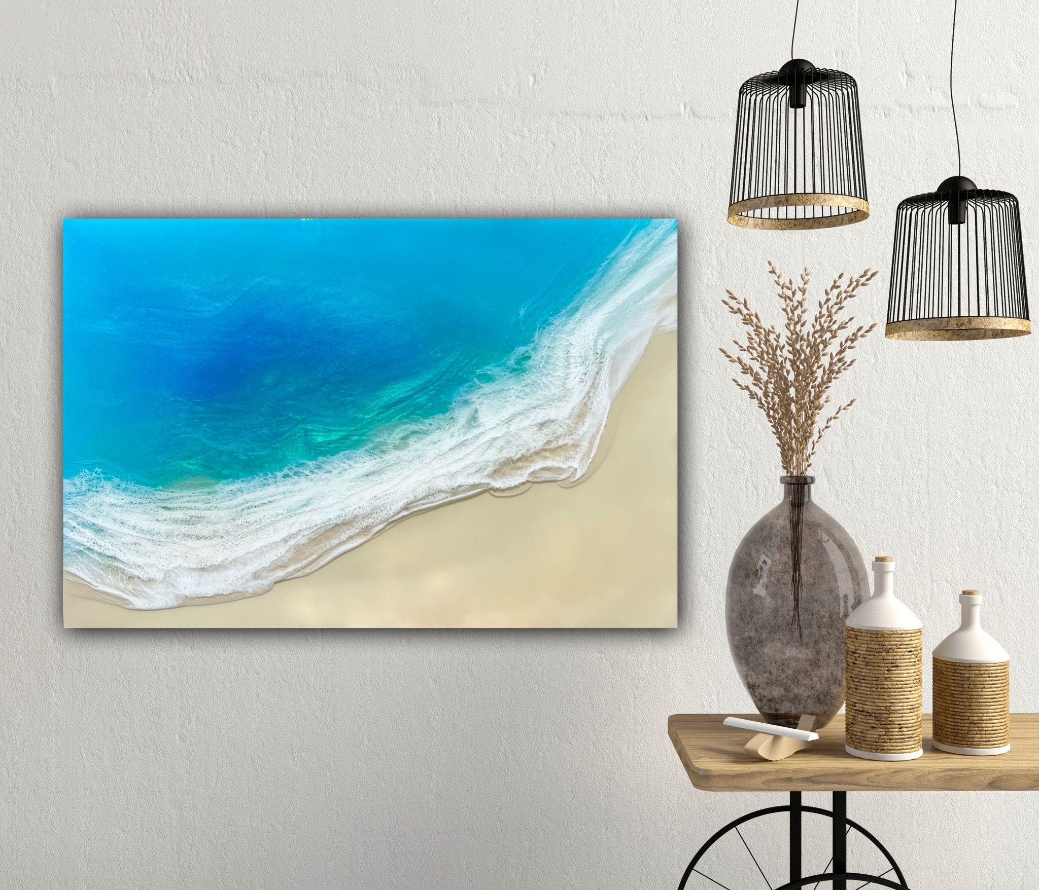 Peinture de paysage marin de sable blanc - peinture de l'océan    Original, unique en son genre, peint à la main, inspiré de la vue des Bahamas et des îles Turks et Caicos vue de l'avion lors de mes dernières vacances là-bas.    Différentes nuances