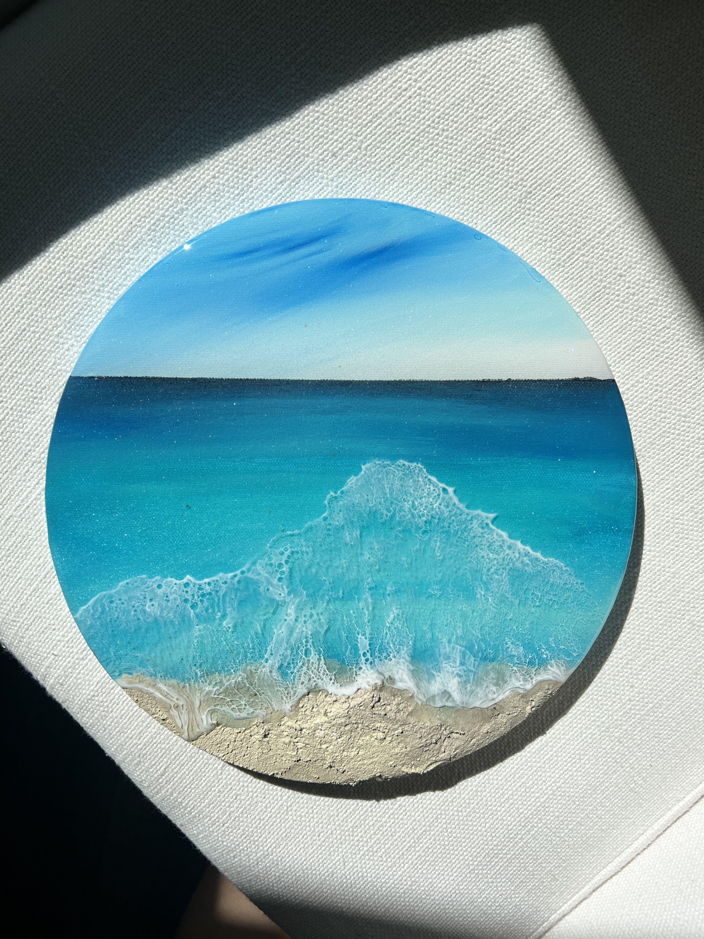 Seascape Painting     Inspired by The Turks And Caicos ocean colors  Different shades of blue tones, turquoise, teal, aqua, beige and white  This painting does not need to be framed, the painted image extends over the sides, it is wired, signed,