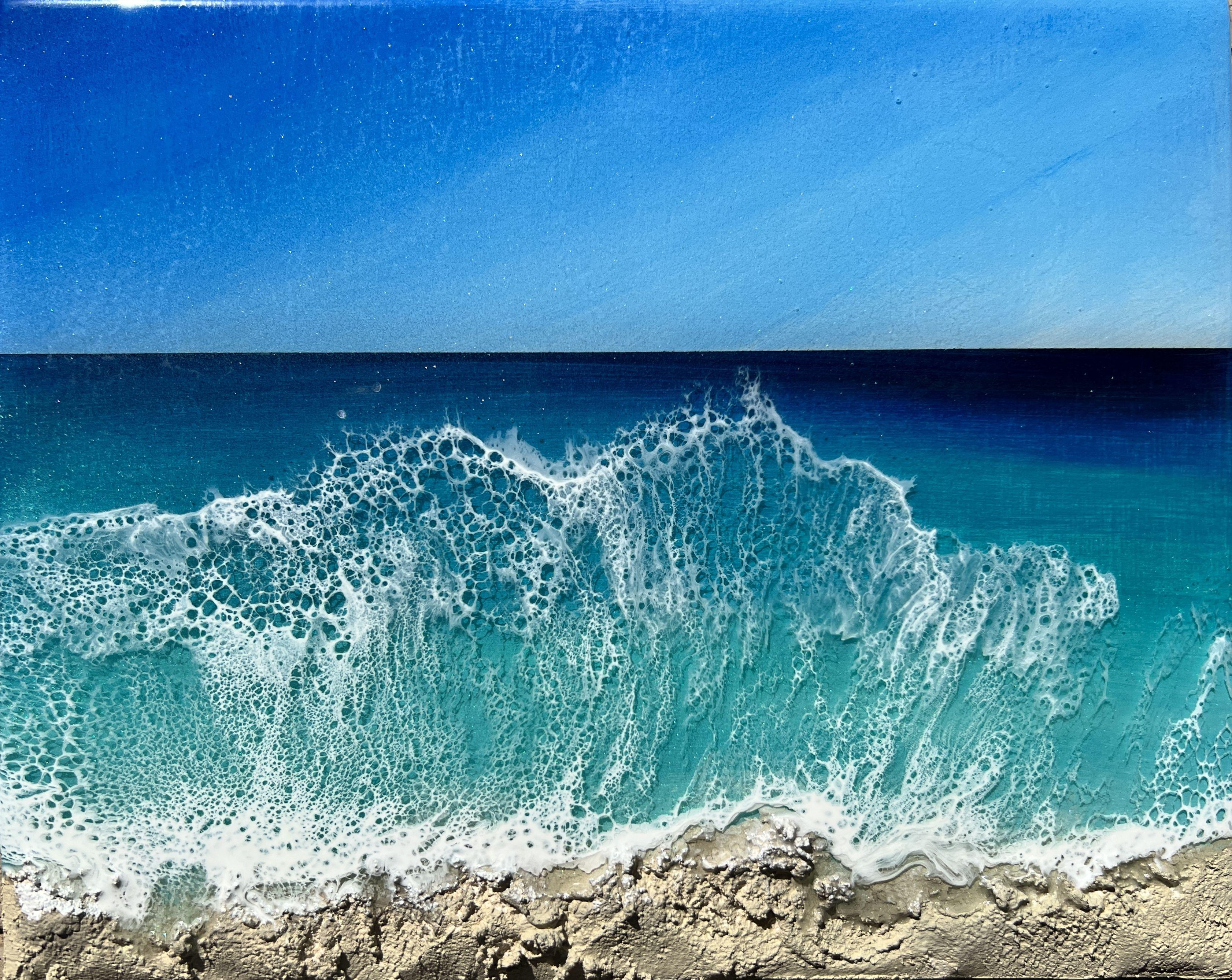 Original unique turquoise and gold ocean painting inspired by the Bahamas ocean colors    Different shades of blue, green, turquoise, teal, aqua, gold and white  This painting does not need to be framed, the painted image is extended around all four