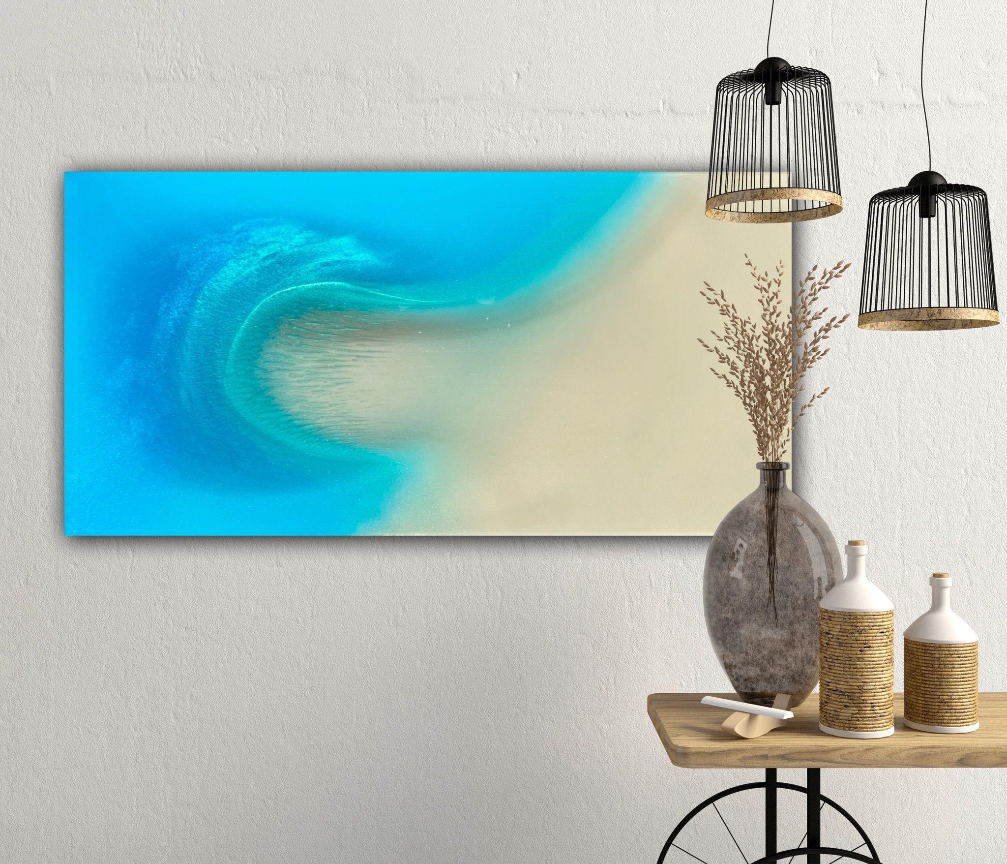 Original Mixed Media ocean painting     Unique ocean painting with white sand beach and frothy splashing waves, inspired by The Turks And Caicos Islands    Different shades of blue, green, turquoise, teal, aqua, copper and gold  This painting does