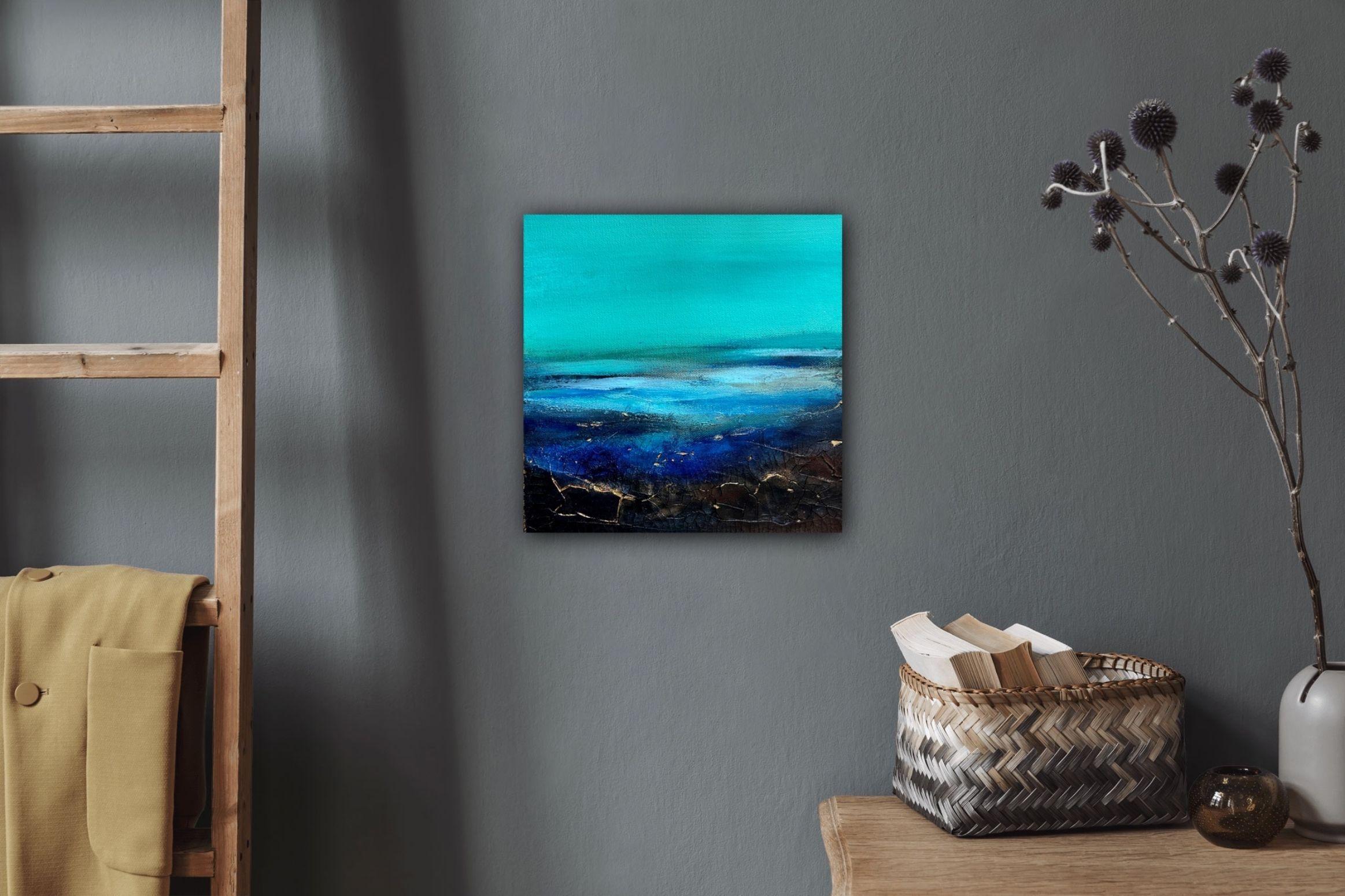 Original blue abstract painting    Blue, turquoise, black, navy, brown, copper and gold   This painting does not need to be framed, the painted image is extended around all four sides, it is wired, signed, ready to hang and comes with Certificate of