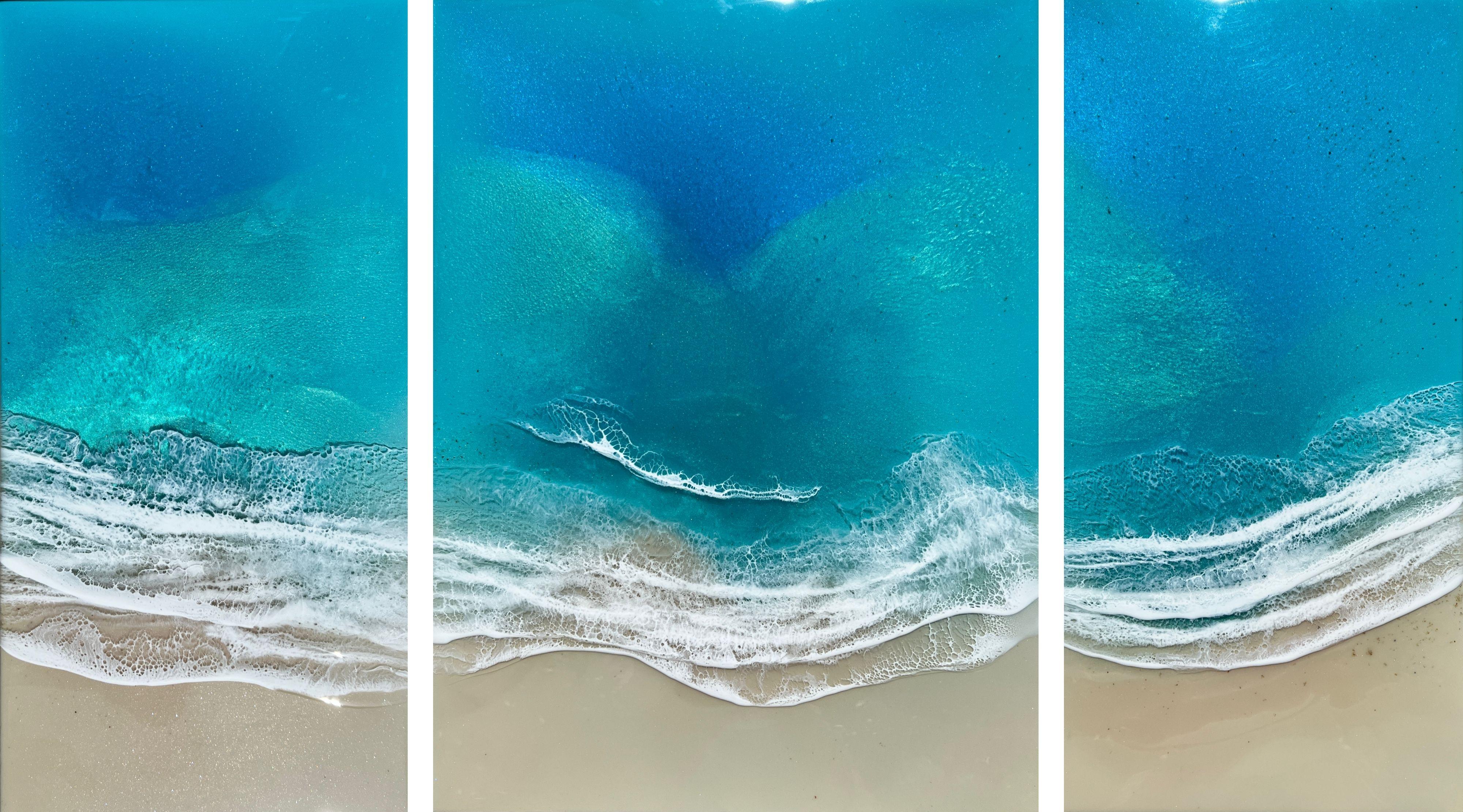 White Sand Seascape Painting - Soothing ocean painting    Different shades of blue, turquoise, teal, aqua, beige and white  This painting does not need to be framed, the sides are clean crisp white, it is wired, signed, ready to hang and comes with