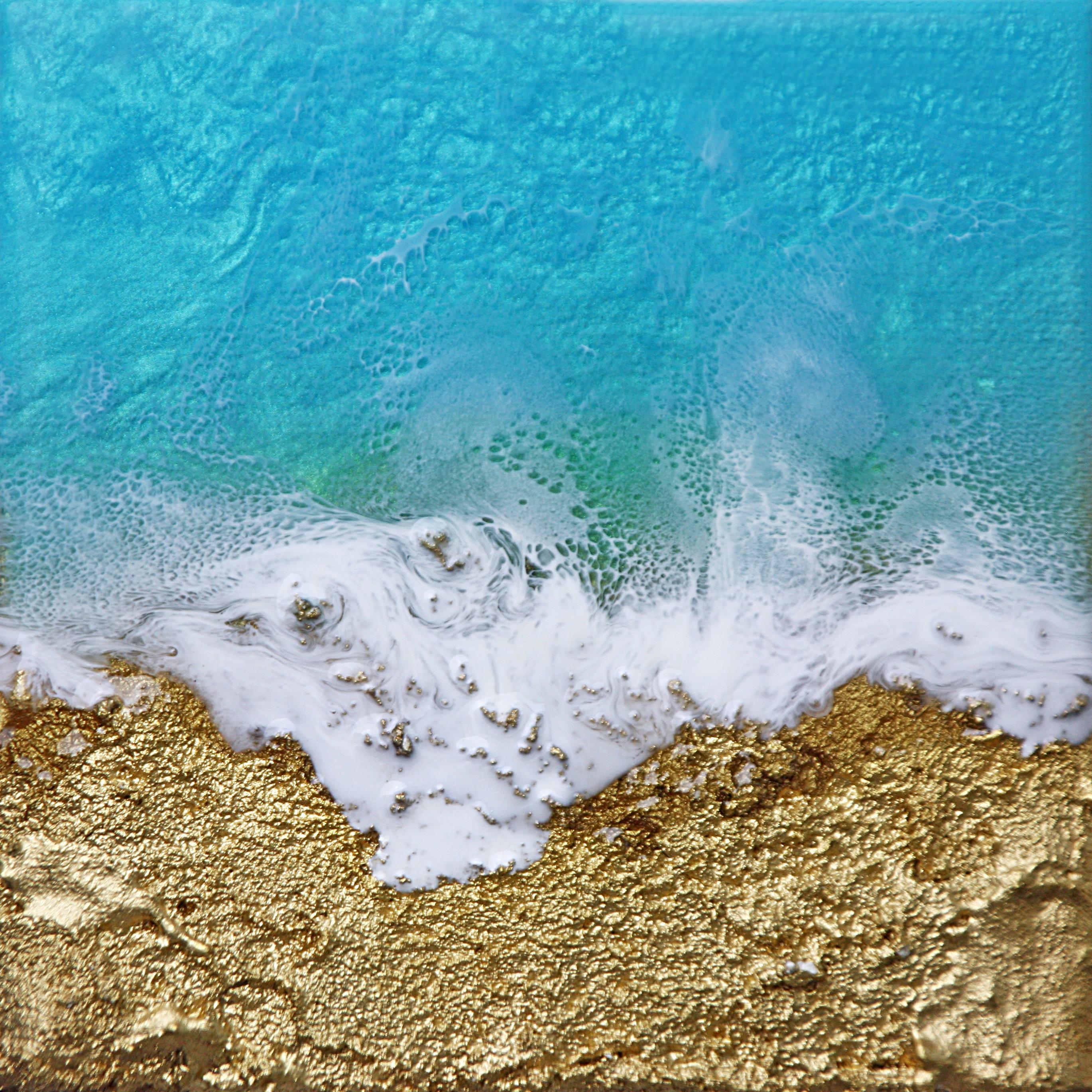 Ana Hefco Landscape Painting - "Teal Waves #17, " Mixed Media Painting