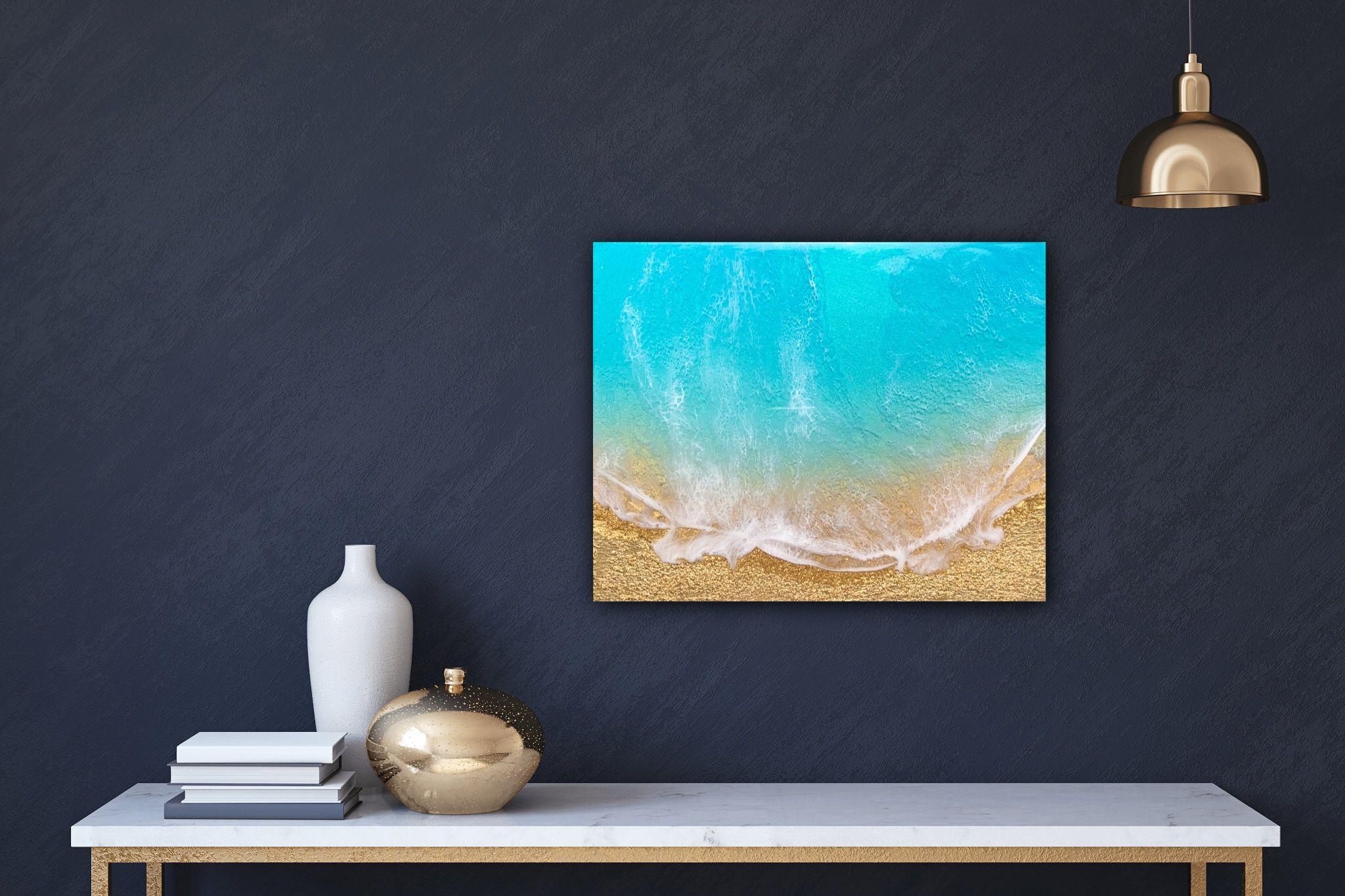 Teal Waves #27 - Pintura del océano, Pintura, Acrílico sobre panel de madera - Painting Fotorrealista de Ana Hefco