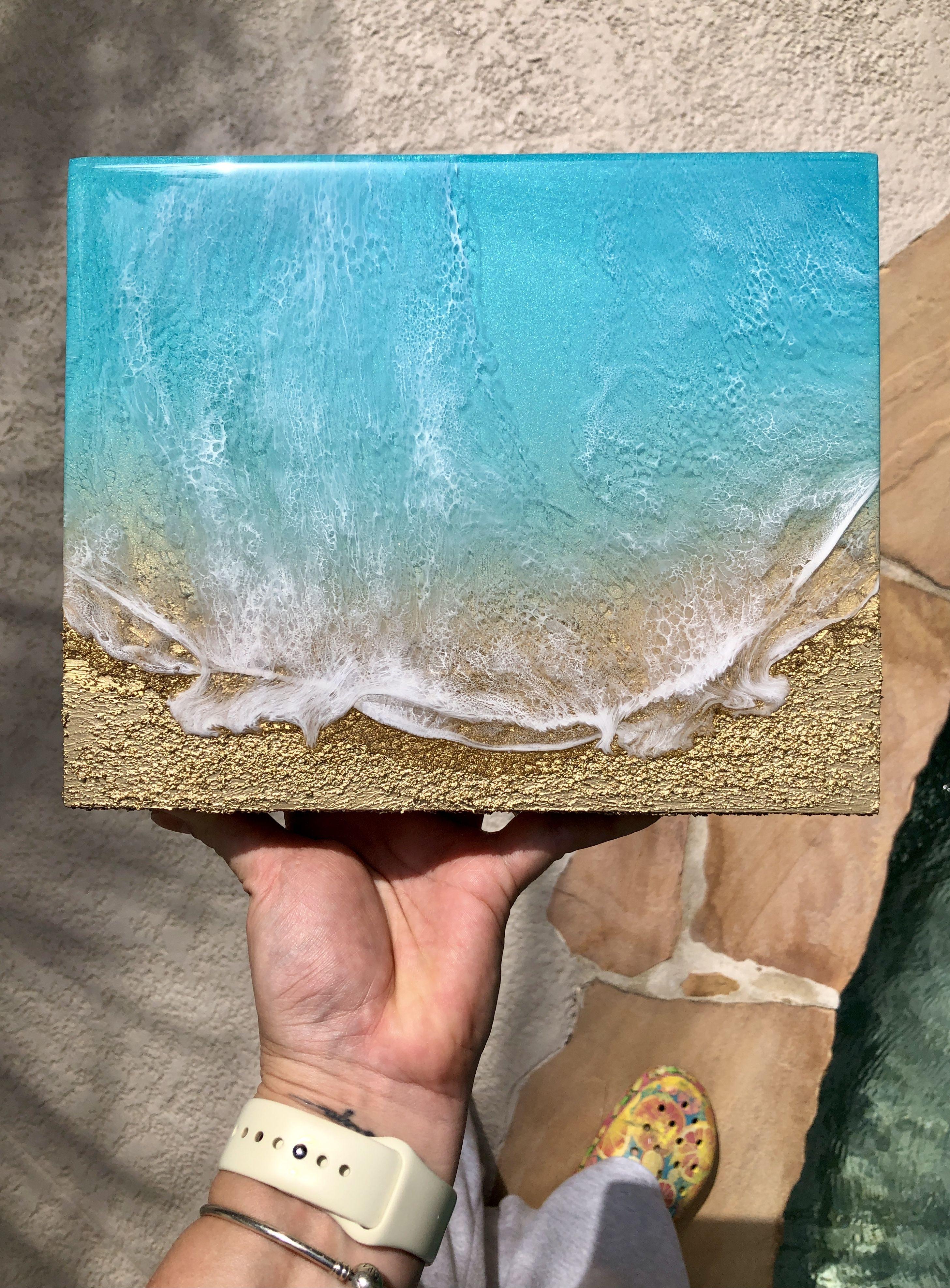 Original Mixed Media beachscape ocean waves painting     Different shades of blue, green, turquoise, teal, aqua, gold and white  This painting does not need to be framed, the painted image is extended around all four sides, it is wired, signed,