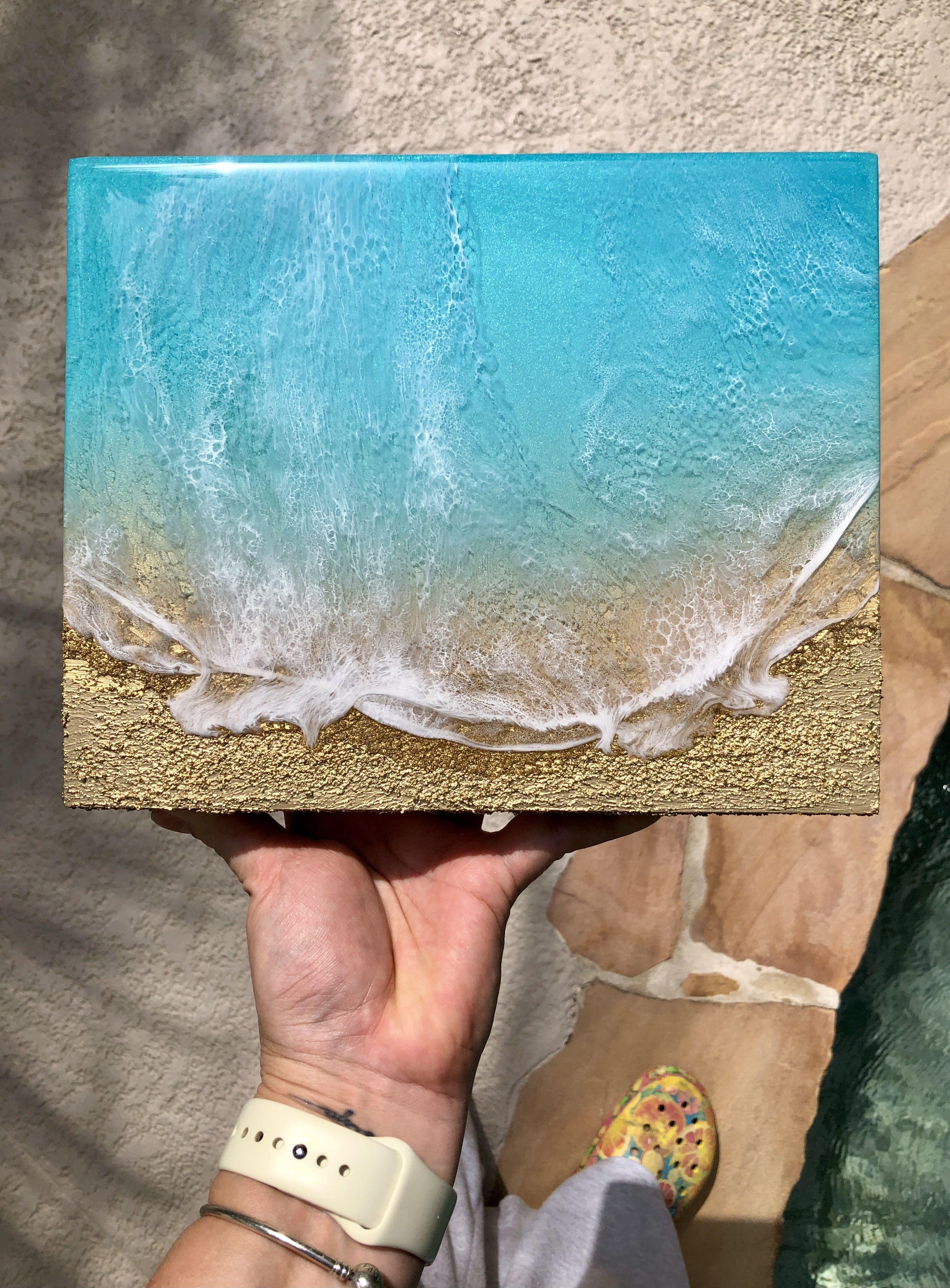 Teal Waves #27 - Pintura del océano, Pintura, Acrílico sobre panel de madera 1