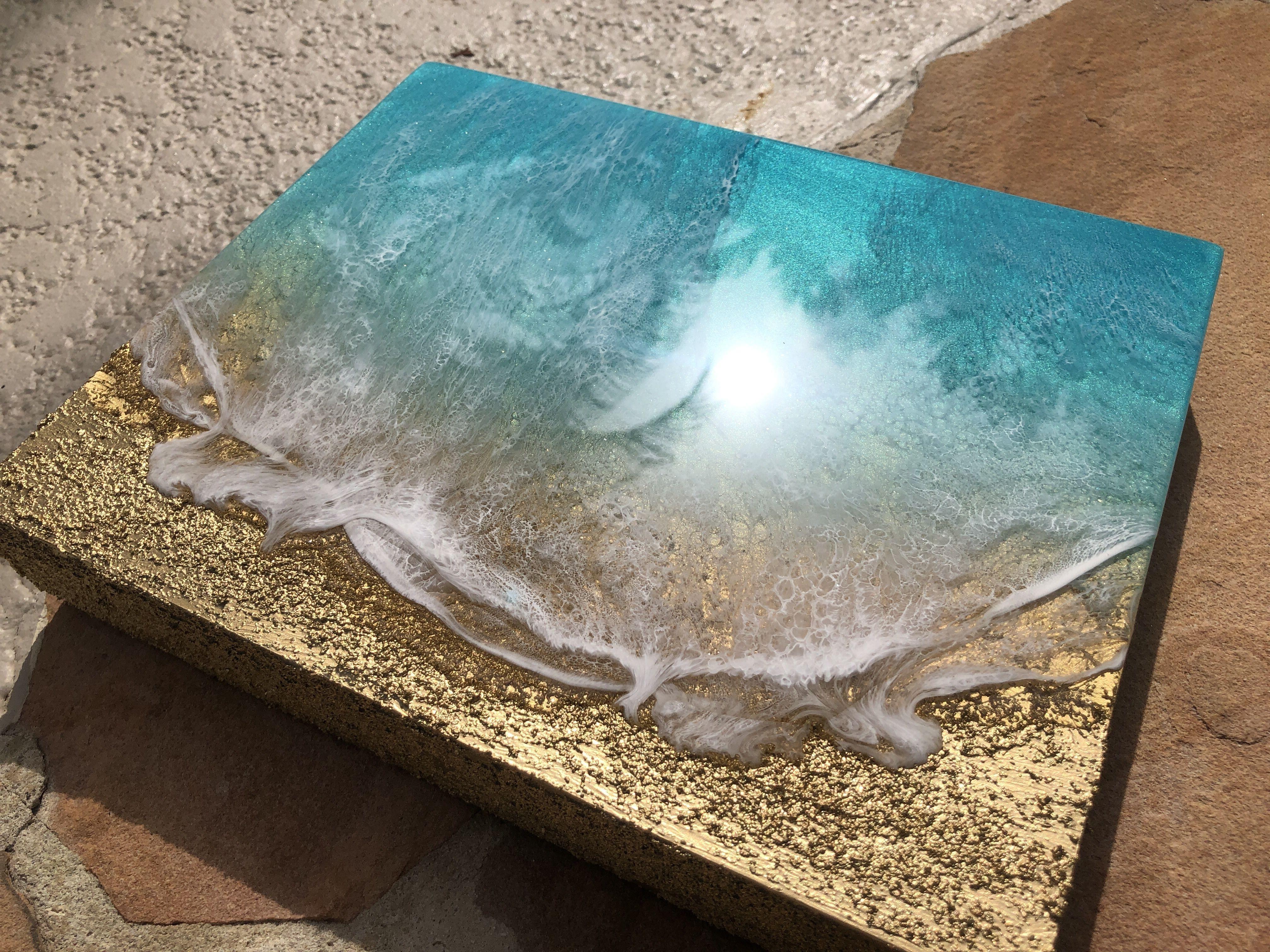 Teal Waves #27 - Ozean-Gemälde, Gemälde, Acryl auf Holzplatte im Angebot 2