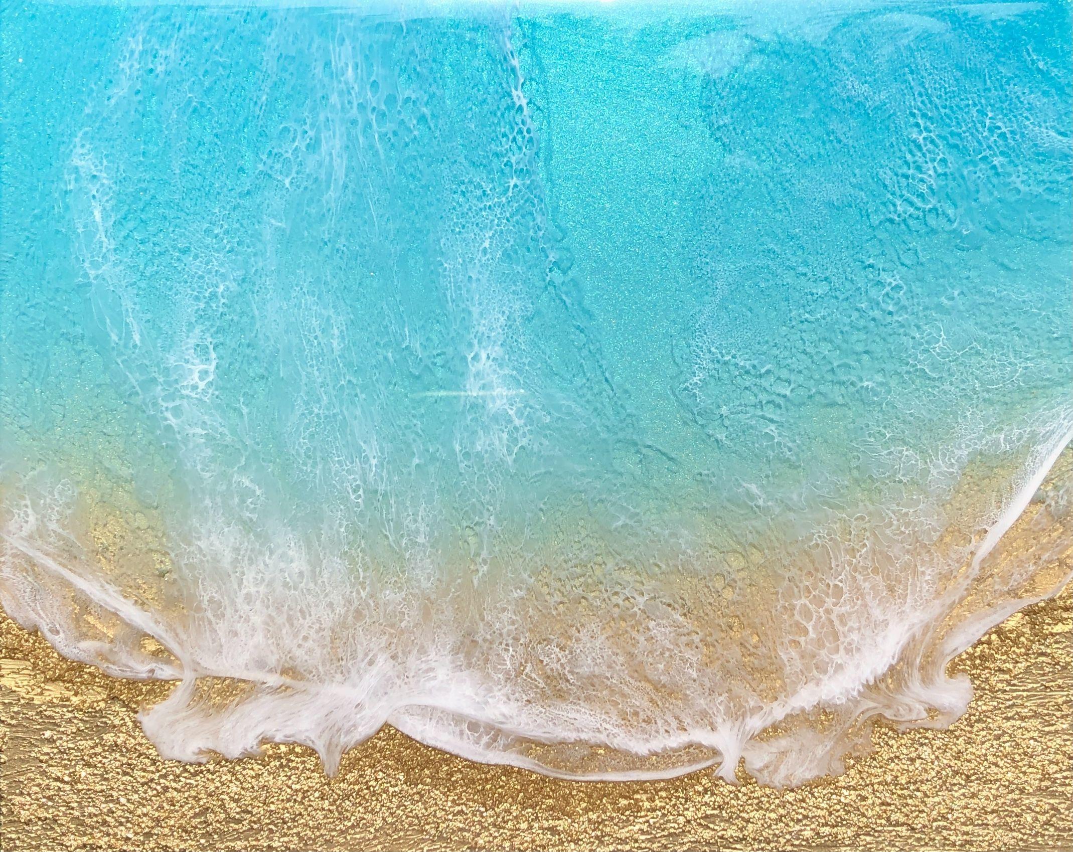 Teal Waves #27 - Ozean-Gemälde, Gemälde, Acryl auf Holzplatte – Painting von Ana Hefco