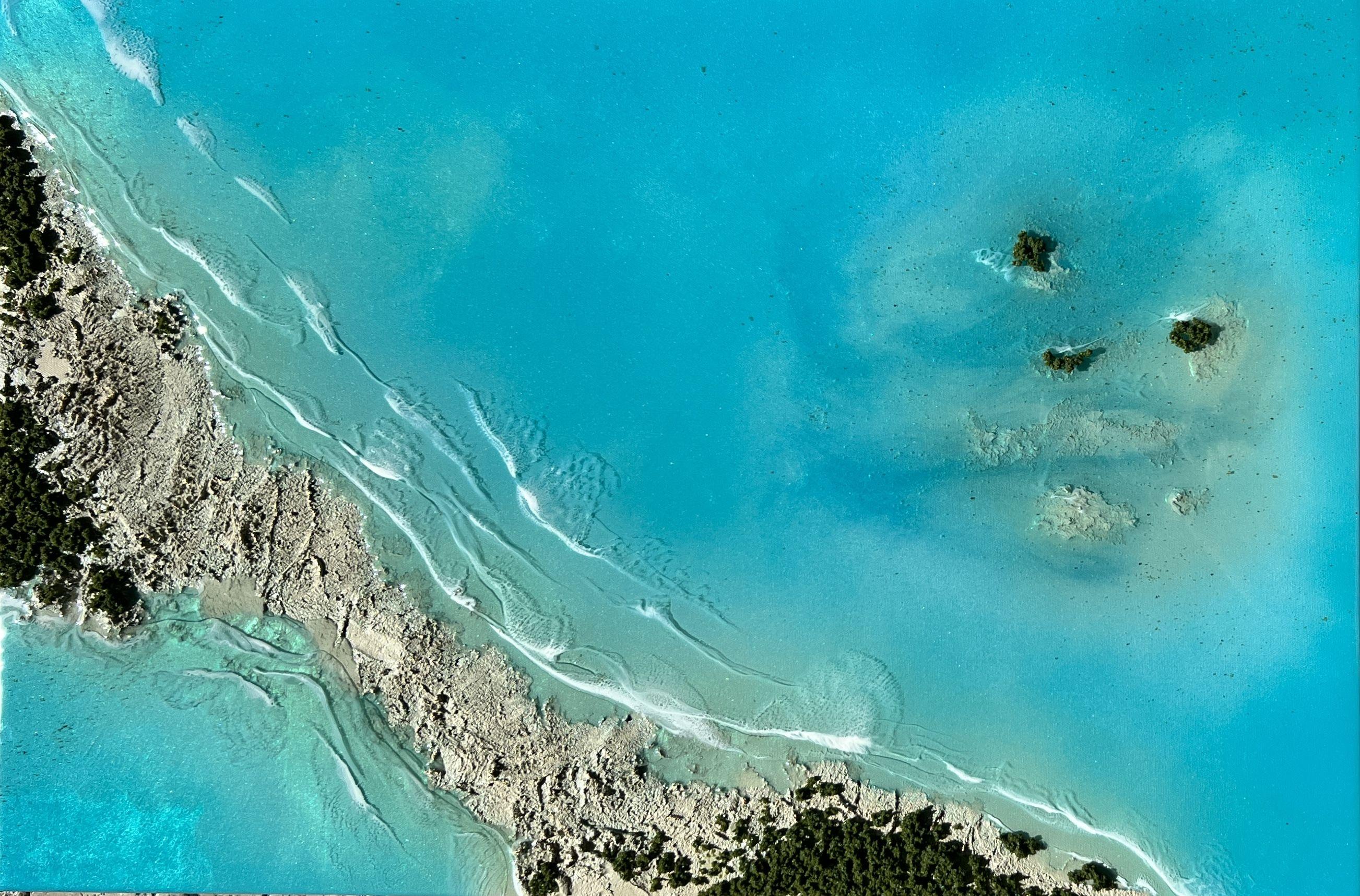 Original Mixed Media seascape painting     Unique ocean painting with white sand beach and frothy splashing waves, inspired by The Turks And Caicos Islands    Different shades of blue, green, turquoise, teal, aqua, copper and gold  This painting