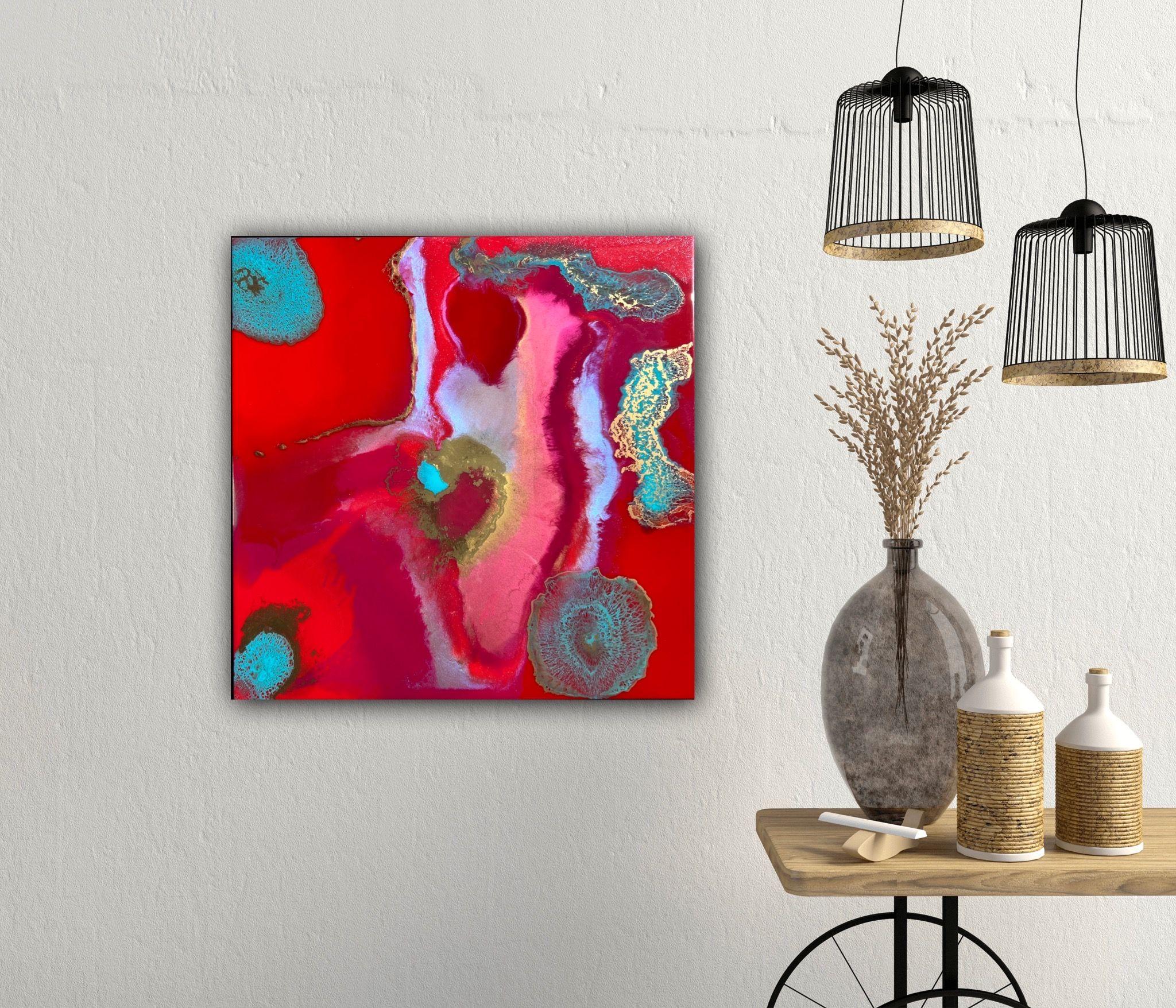 Abstract red painting, layered tinted resin :: Painting :: Abstract :: This piece comes with an official certificate of authenticity signed by the artist :: Ready to Hang: Yes :: Signed: Yes :: Signature Location: right lower lateral side :: MDF