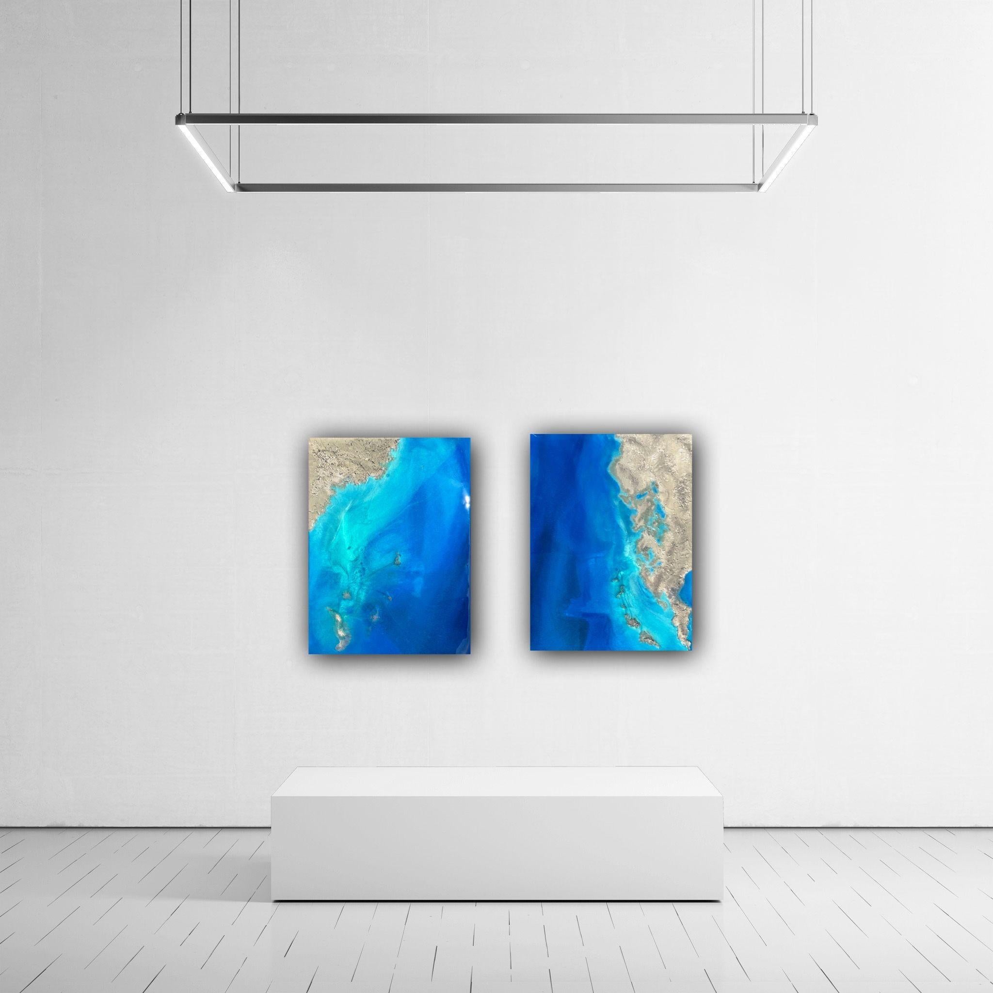 Unique original aerial ocean painting with white sand beach and frothy splashing waves, inspired by The Australian Great Barrier Reef  Different shades of blue, turquoise, teal, aqua, and beige  This painting does not need to be framed, the painted