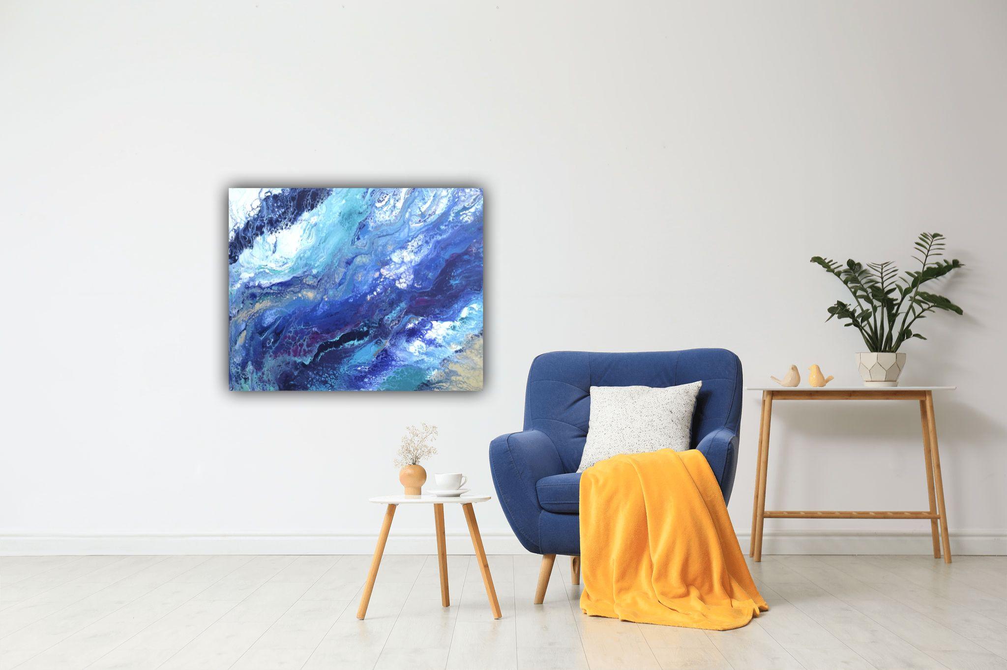 Aerial ocean painting in different shades of blue, turquoise, purple, beige and white inspired by the amazing drone shots over restless deep blue waters and splashing waves.    :: Painting :: Modern :: This piece comes with an official certificate