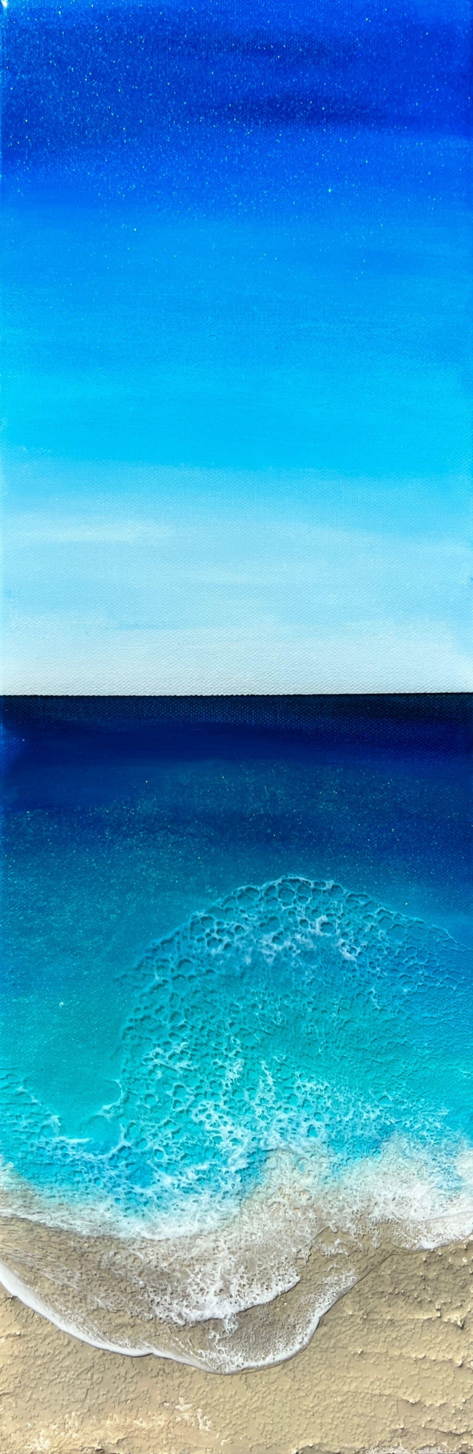 Unique ocean and beach paintings with white sand and frothy splashing waves, inspired by the Turks And Caicos Islands  Ocean Seascape Painting with white sand beach and frothy white splashing waves  Different shades of blue, turquoise, teal, aqua,