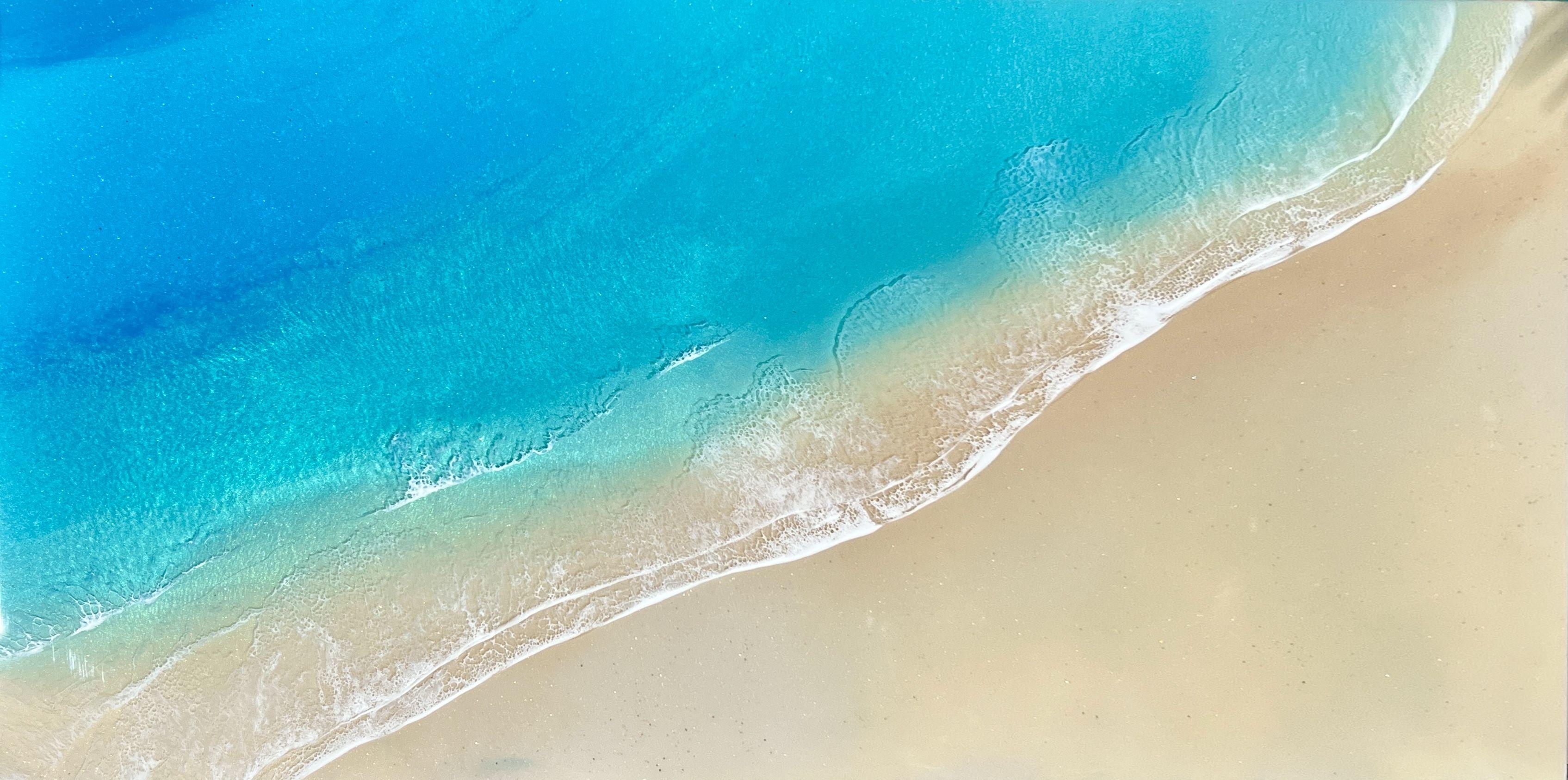 White Sand Beach Aerial perspective Ocean Painting with different shades of blue, turquoise, teal, aqua, beige and white inspired by The Bahamas and Turks And Caicos Islands  This painting does not need to be framed, the painted image continues over