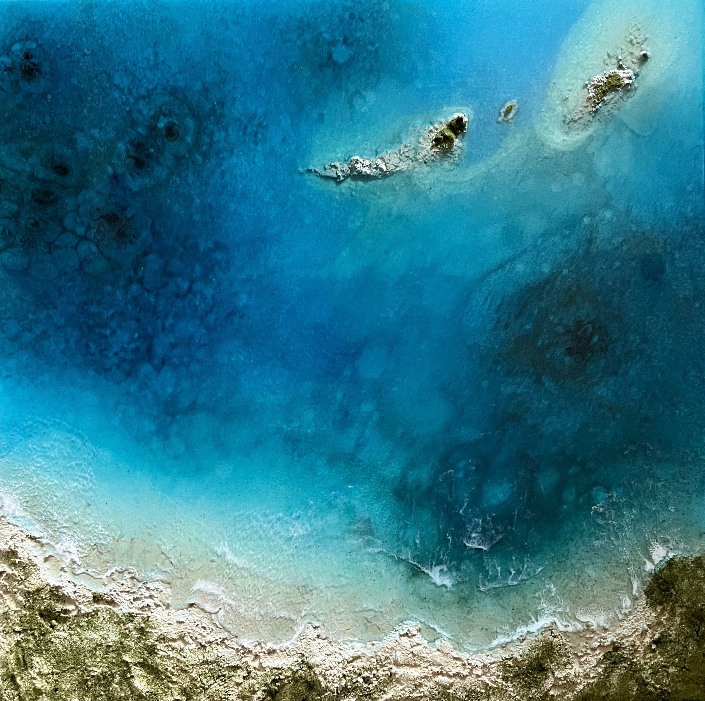 Original, one-of-a-kind, hand-painted, inspired by the satellite and aerial view of The Bahamas  Dealing with depression, PTSD, and anxiety, painting is a form of therapy for me.   In this painting I create a peaceful and safe space for the child
