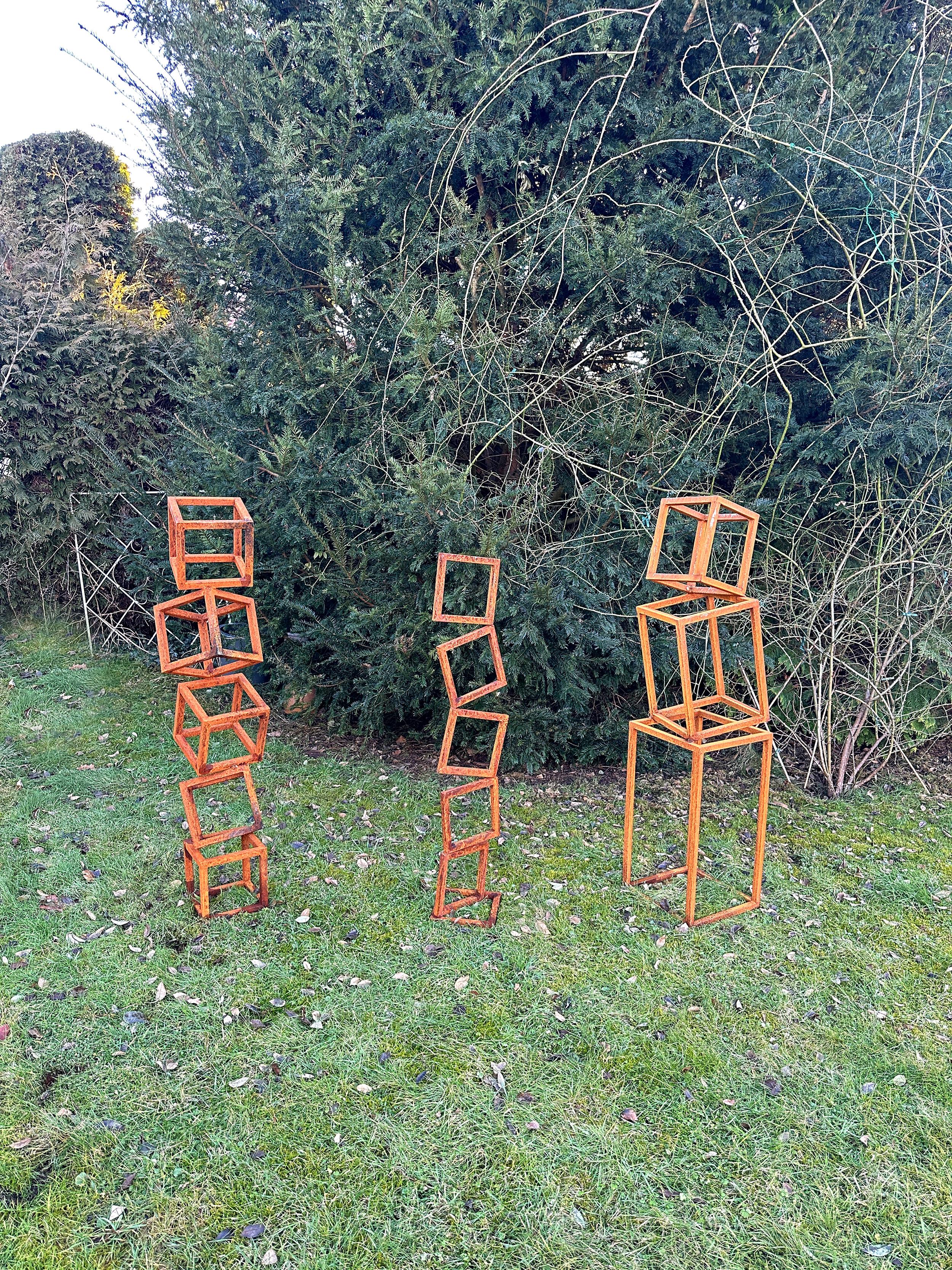 Ascending Balance - Stunning rusted steel sculpture, ideal for indoor or outdoor spaces. 
Its weathered look adds a unique charm, making it a bold and durable statement piece for any setting.

Kindly note, the price is for one sculpture only. (right