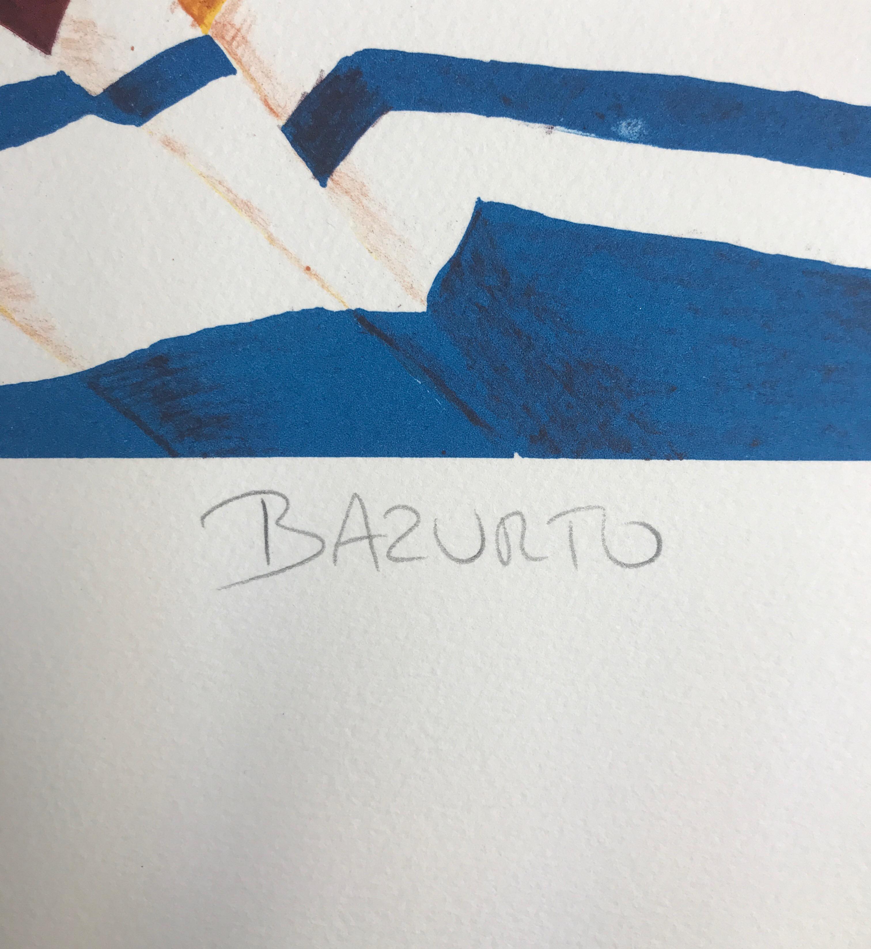 BAZURTO ist eine originale handgezeichnete Lithographie der bekannten kolumbianischen Künstlerin Ana Mercedes Hoyos (geb. 1942-2014), gedruckt in traditioneller Handlithographie-Technik auf archivfähigem Papier, 100% säurefrei. 
Hoyos' farbenfrohe