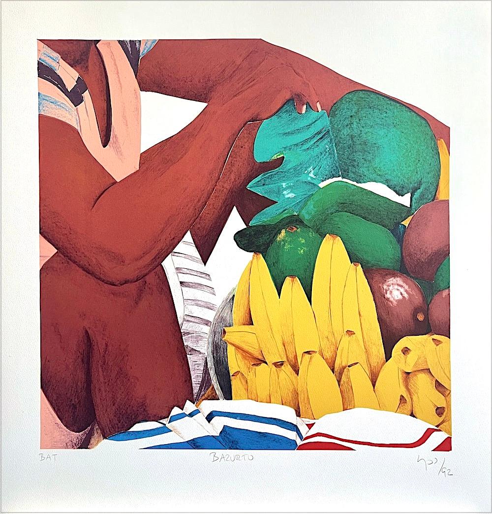 Figurative Print de Ana Mercedes Hoyos - BAZURTO Cartagena Mercado Litografía Firmada, Arte Afrocolombiano, Latinoamericano