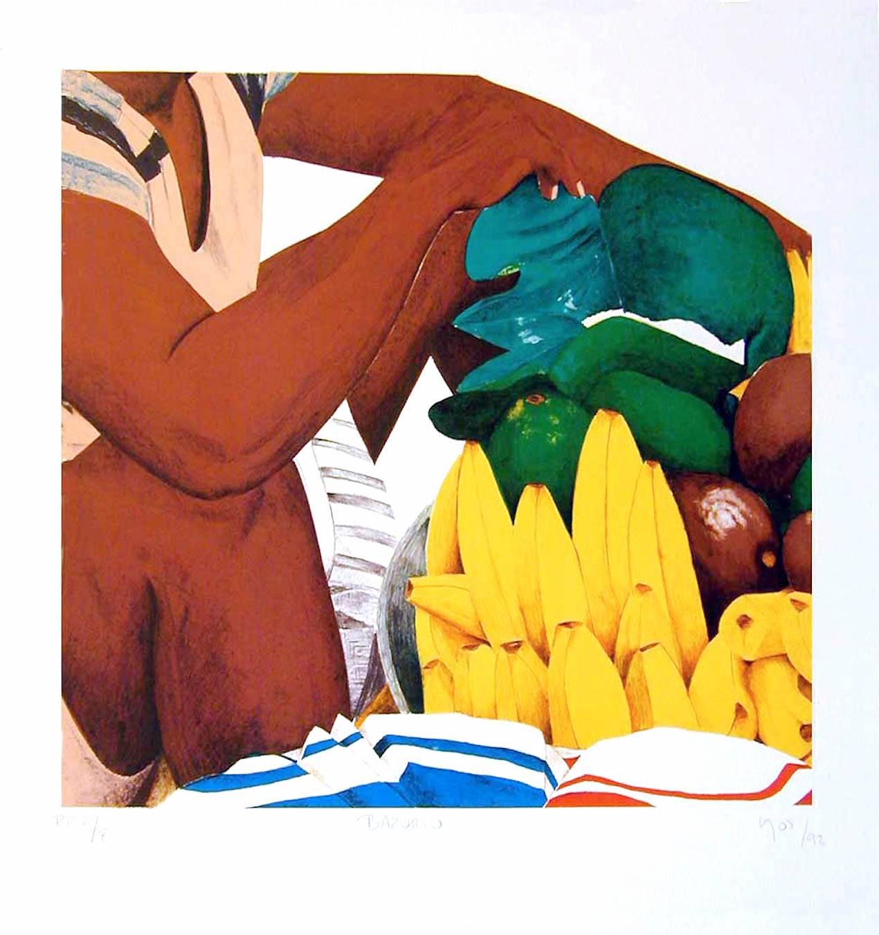 BAZURTO Cartagena Market, Signed Lithograph, Bananas, Avocados, Latin American  - Print by Ana Mercedes Hoyos