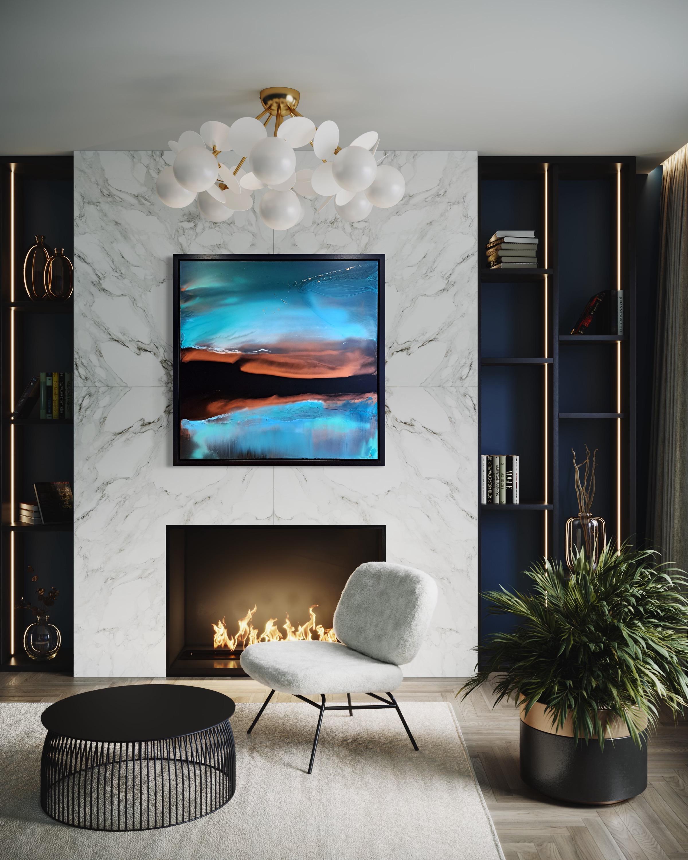 Original abstract painting. Fluid ink and epoxy resin on aluminium composite.

The sleek minimalist designs are created on a stunning black background using a mix of ink and alcohol on large aluminium composite panels. Finished with multiple layers