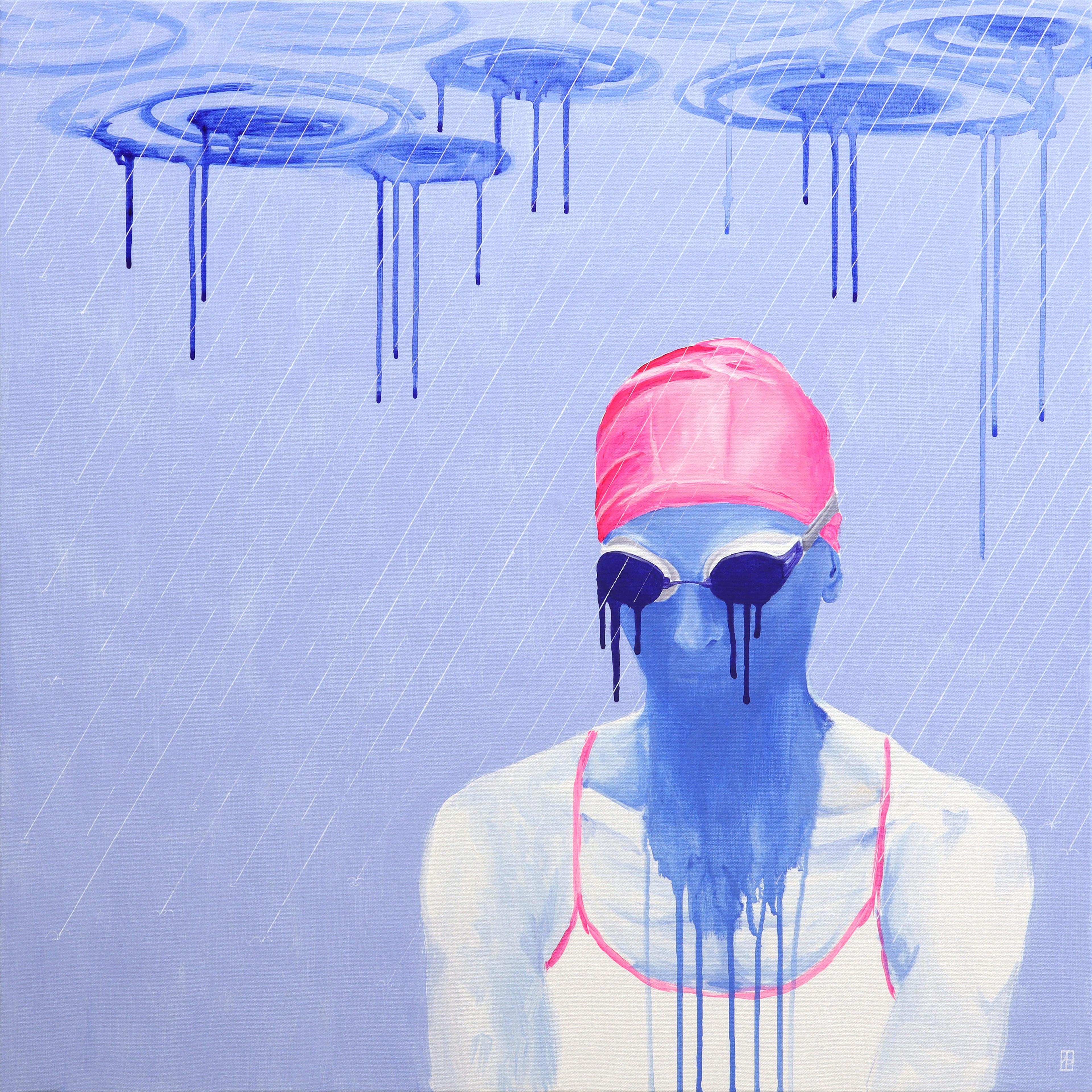 Dystopian rain - figurative painting, landscape painting - Minimalist Painting by Ana Patitu