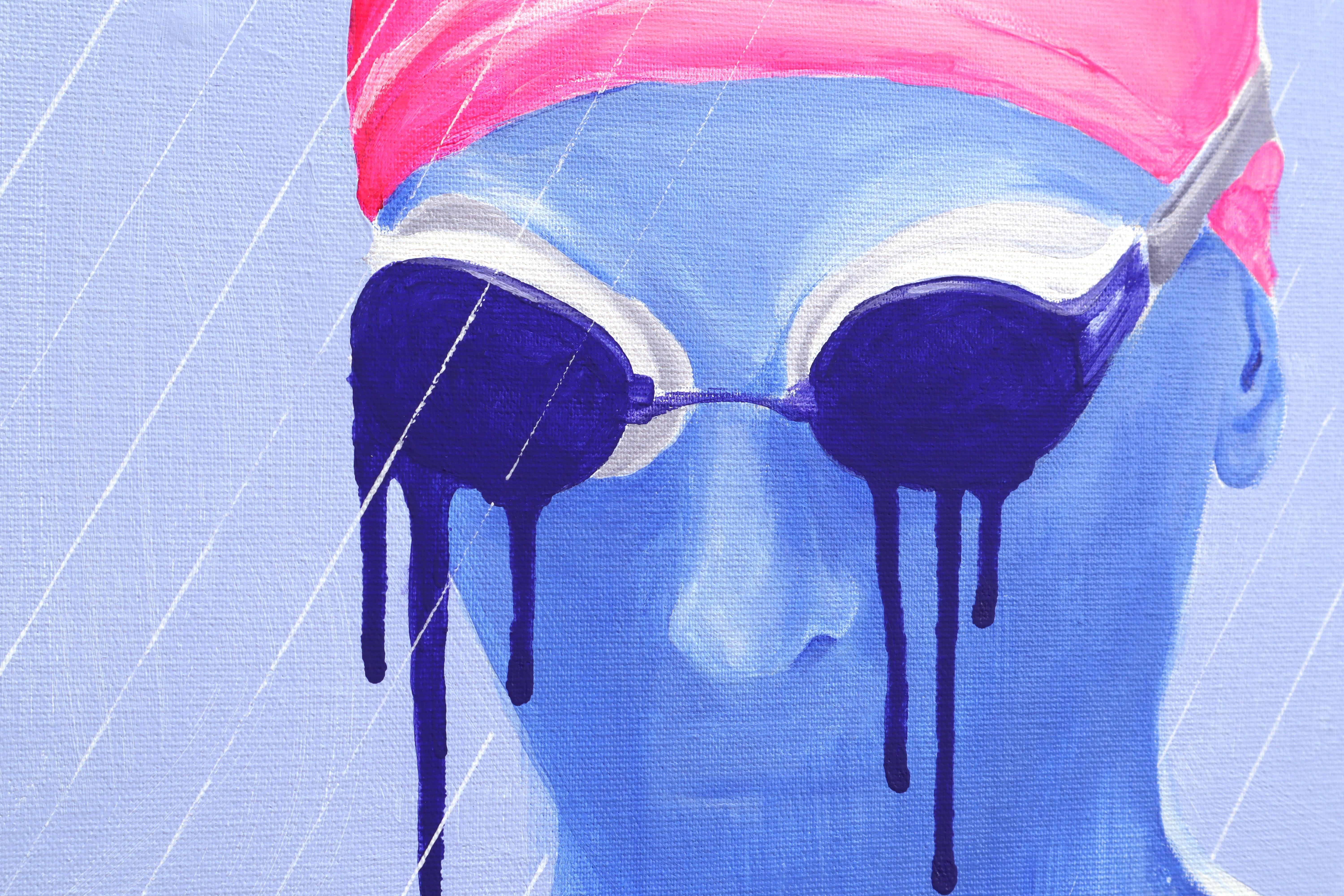 Dystopian rain - figurative painting, landscape painting - Blue Figurative Painting by Ana Patitu