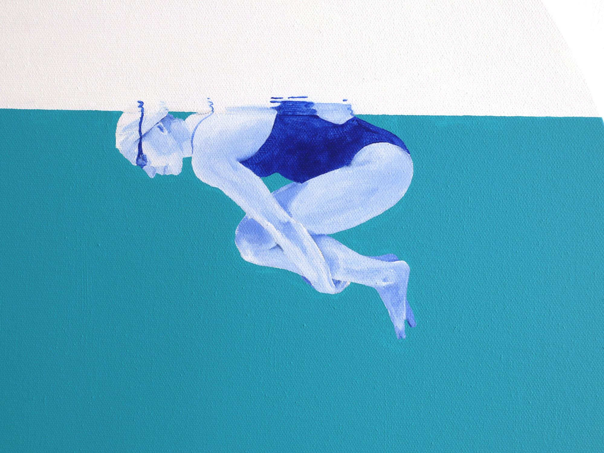 Floating in turquoise - figurative painting, landscape painting - Minimalist Painting by Ana Patitu