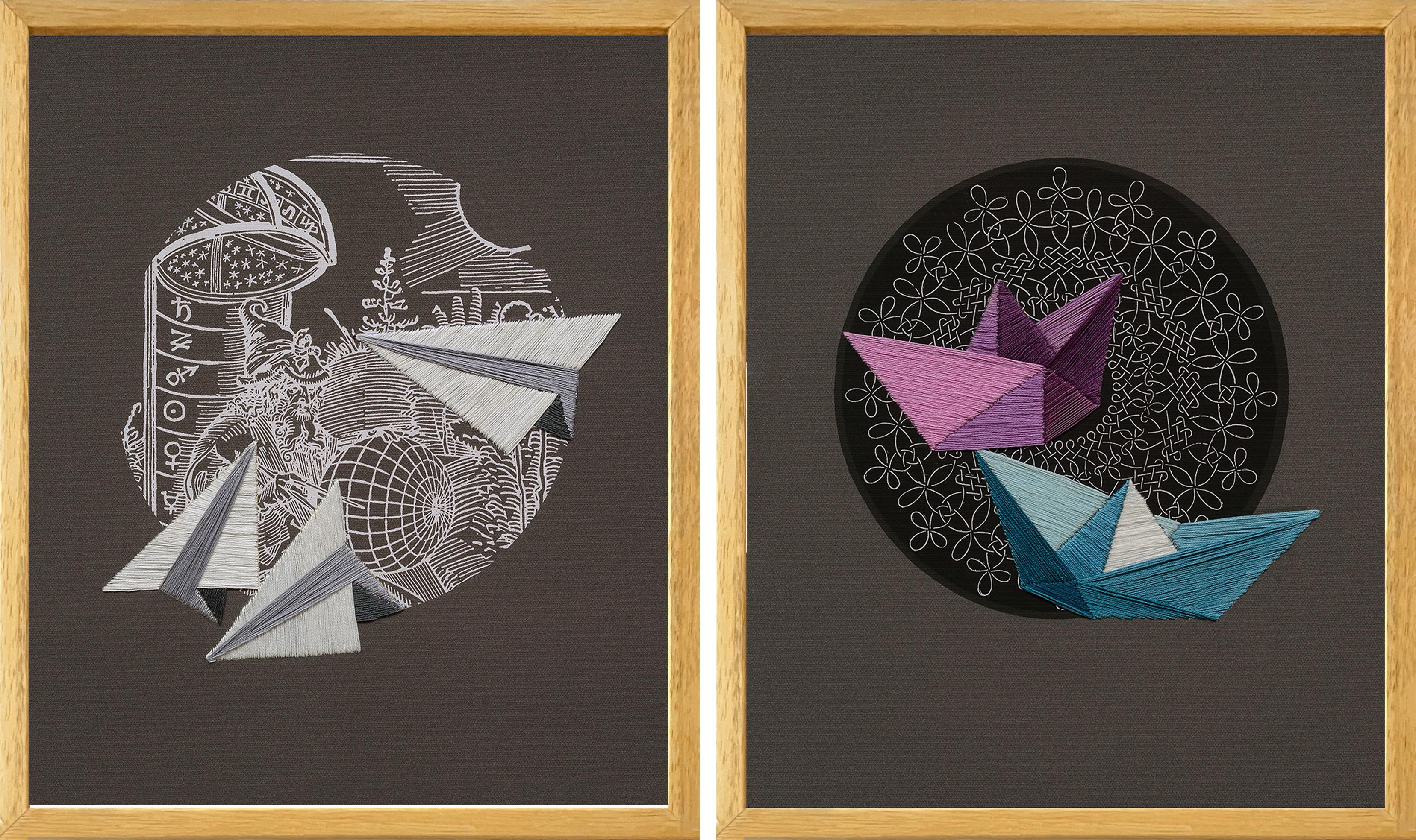 El Mago, and Náufragos inminentes Diptych. Textile Art From The Series Durero  - Contemporary Mixed Media Art by Ana Seggiaro