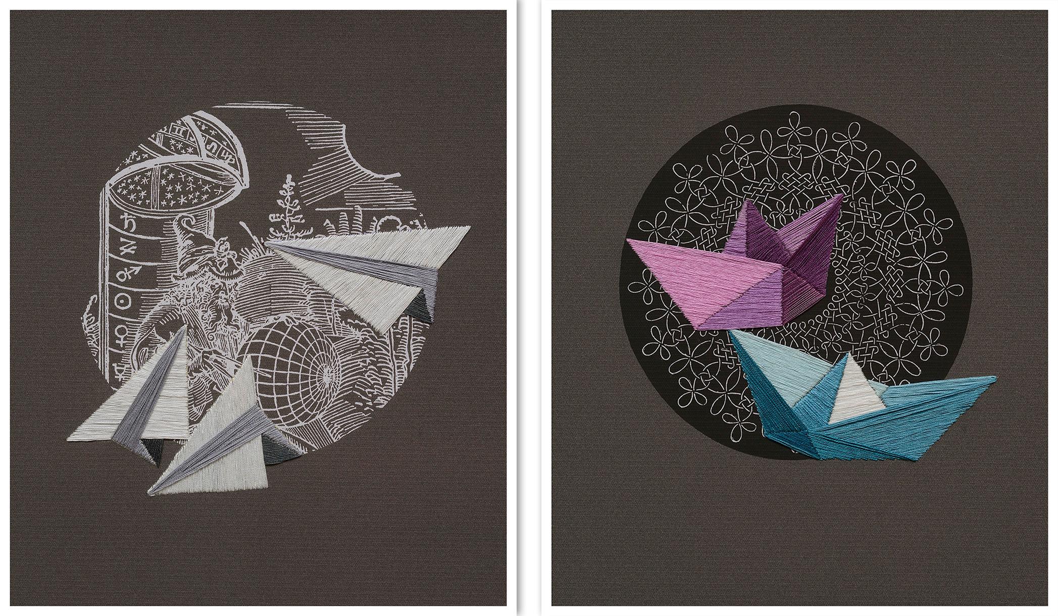 El Mago, und Náufragos inminentes Diptychon. Textilkunst aus der Serie Durero  – Mixed Media Art von Ana Seggiaro