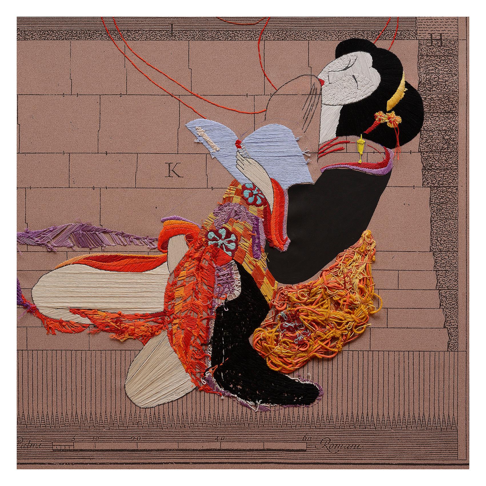 Geisha I, Bordado a mano sobre tela estampada. De la serie 