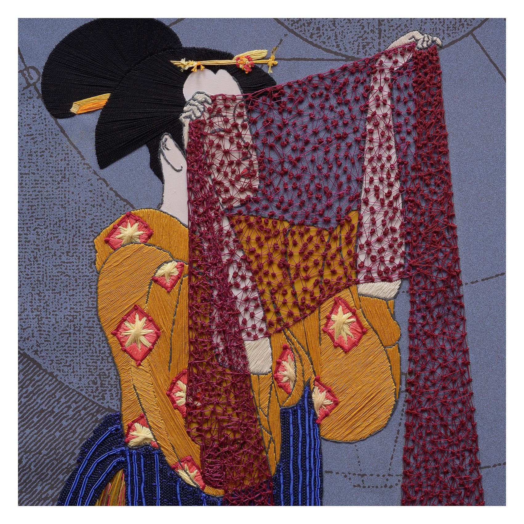 The ambitious exercise of working with techniques such as large-format embroidery only exacerbates the perfection of detail through the change of scale. What was once the page of a book is transformed to bring the dimension of the minuscule closer