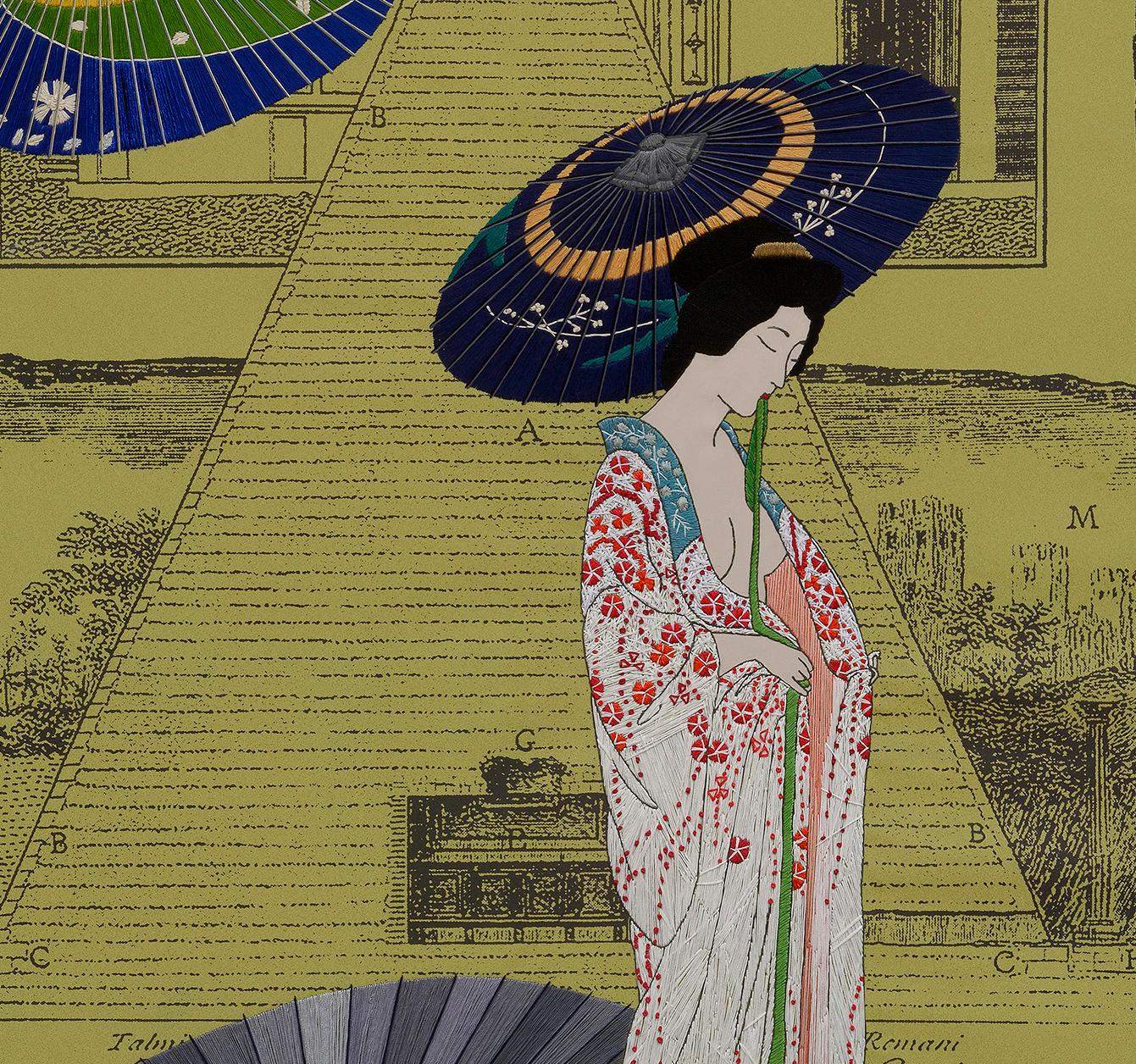Geisha V, Hand Embroidery on printed cloth. From 